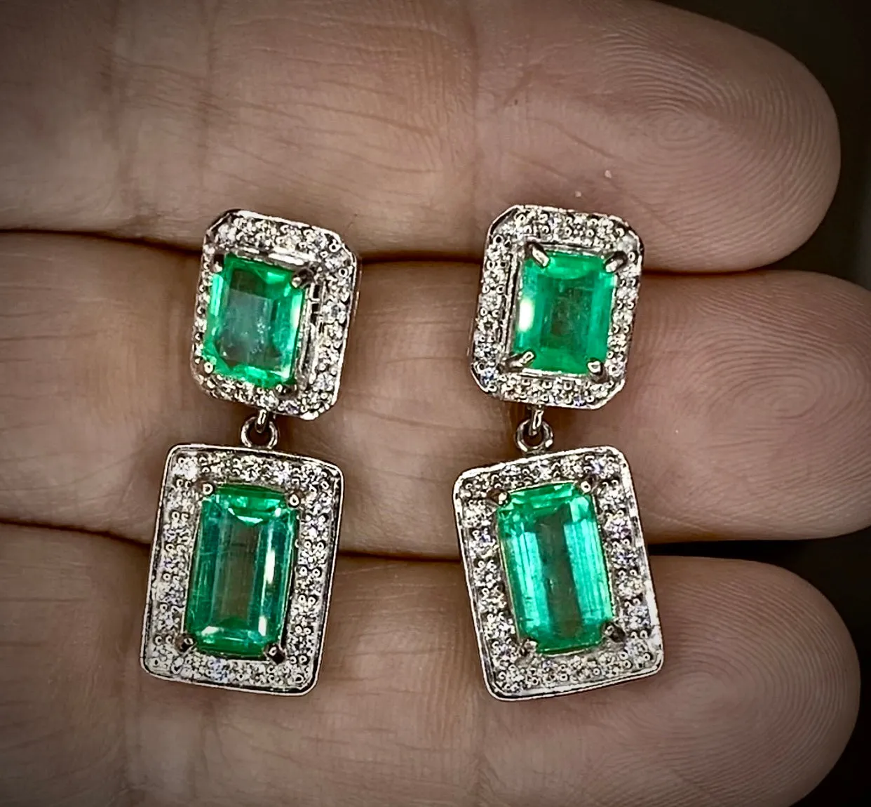 Natural Colombian Emerald and Diamond Drop Earrings 18 Karat