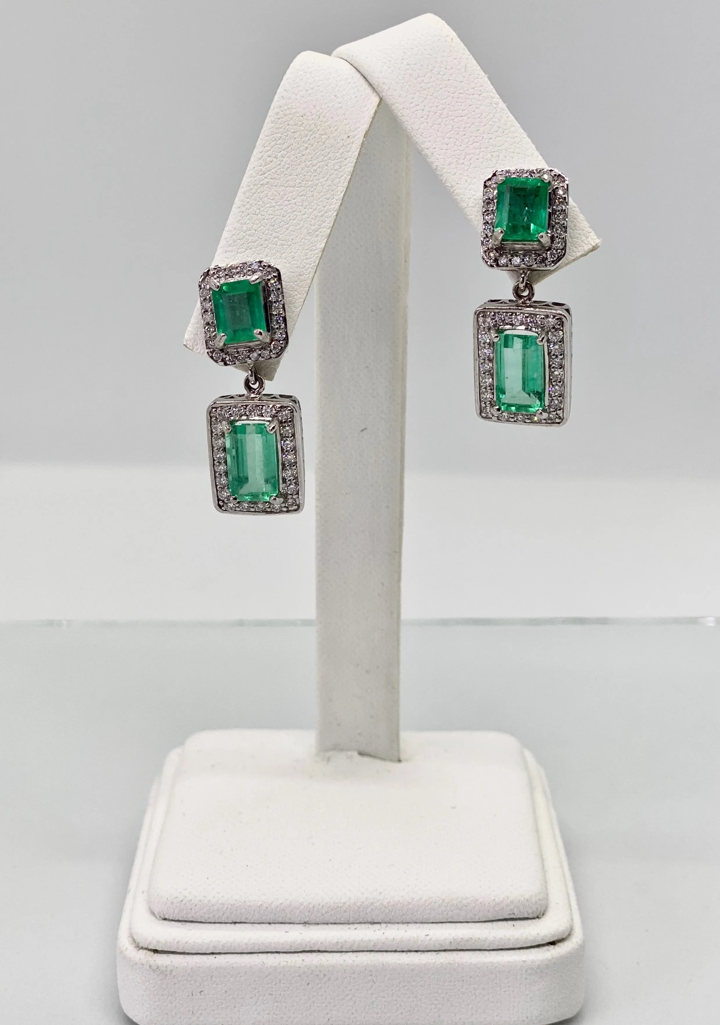Natural Colombian Emerald and Diamond Drop Earrings 18 Karat