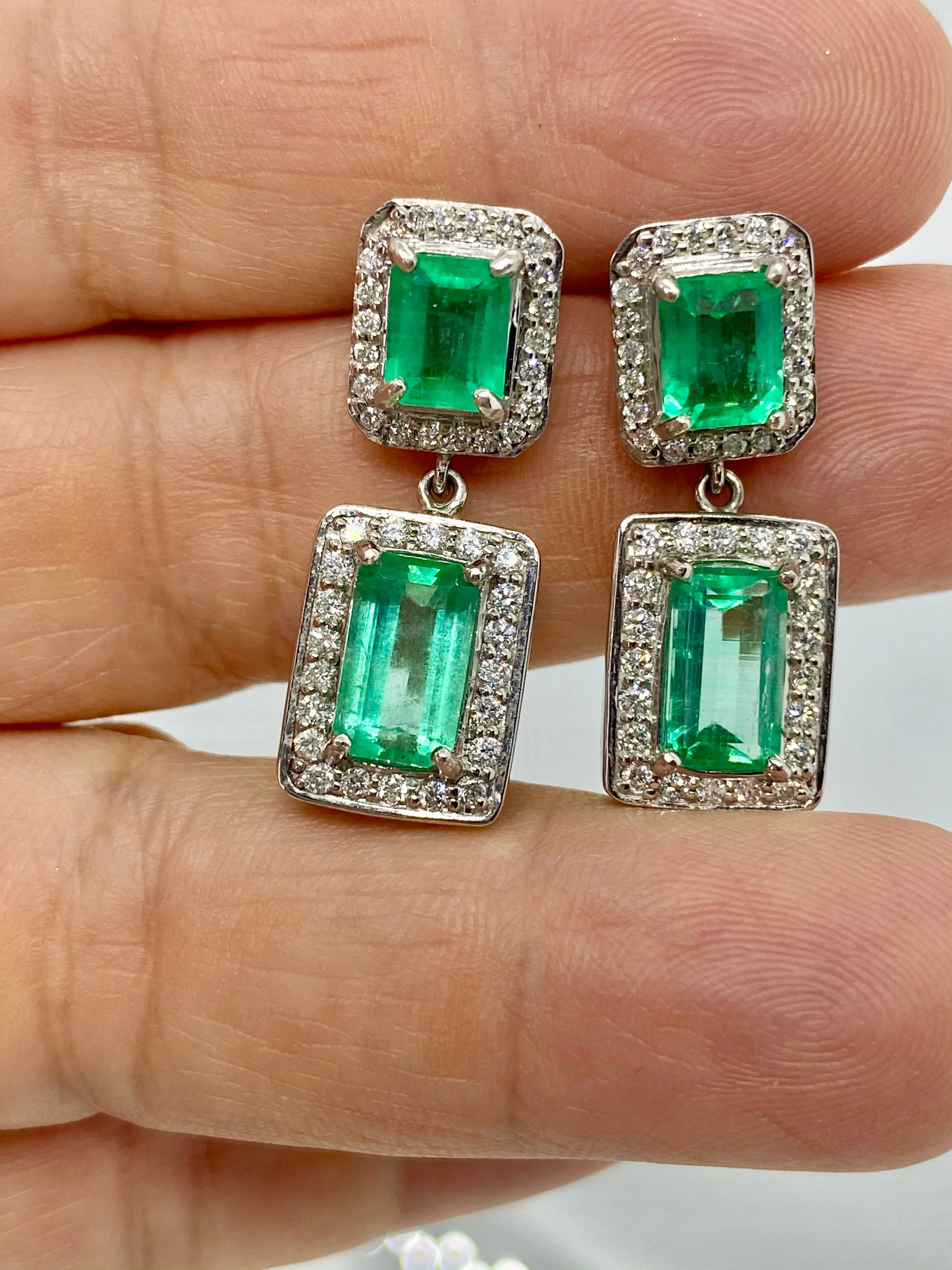 Natural Colombian Emerald and Diamond Drop Earrings 18 Karat