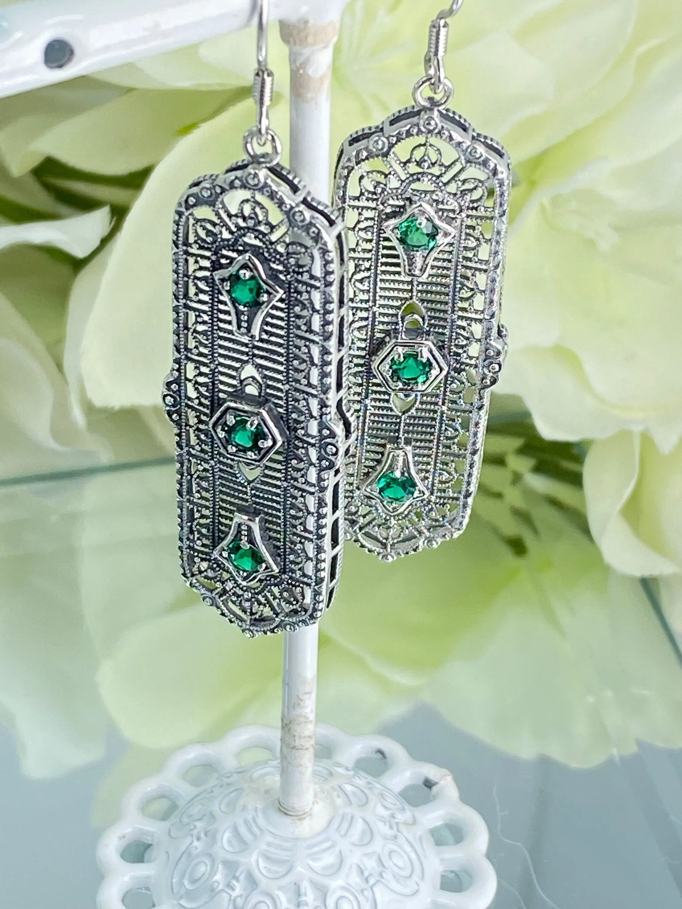 Natural Emerald Earrings, Edwardian Filigree, 3-Kings Earrings E197