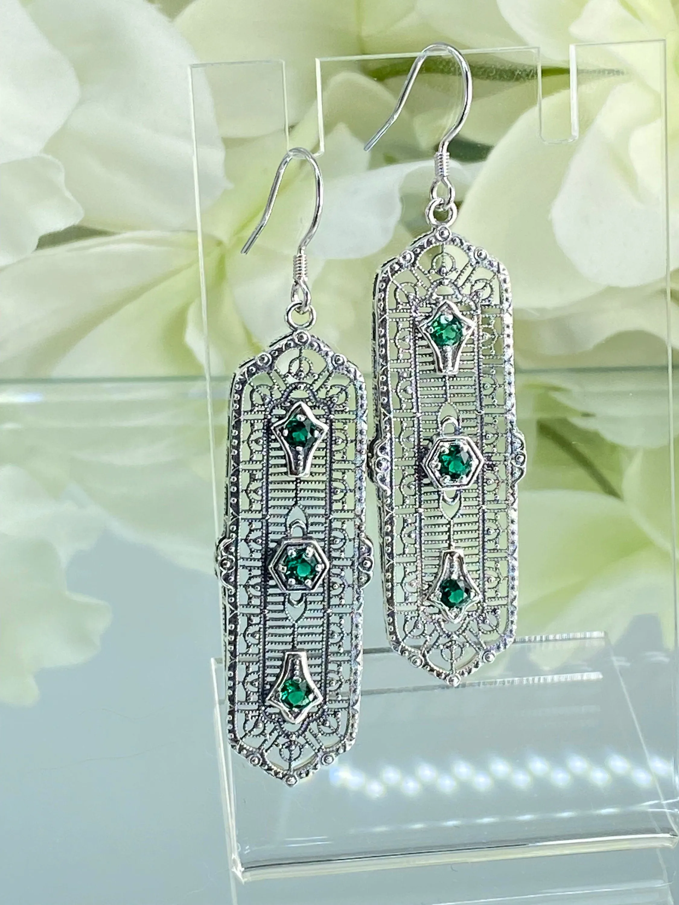 Natural Emerald Earrings, Edwardian Filigree, 3-Kings Earrings E197