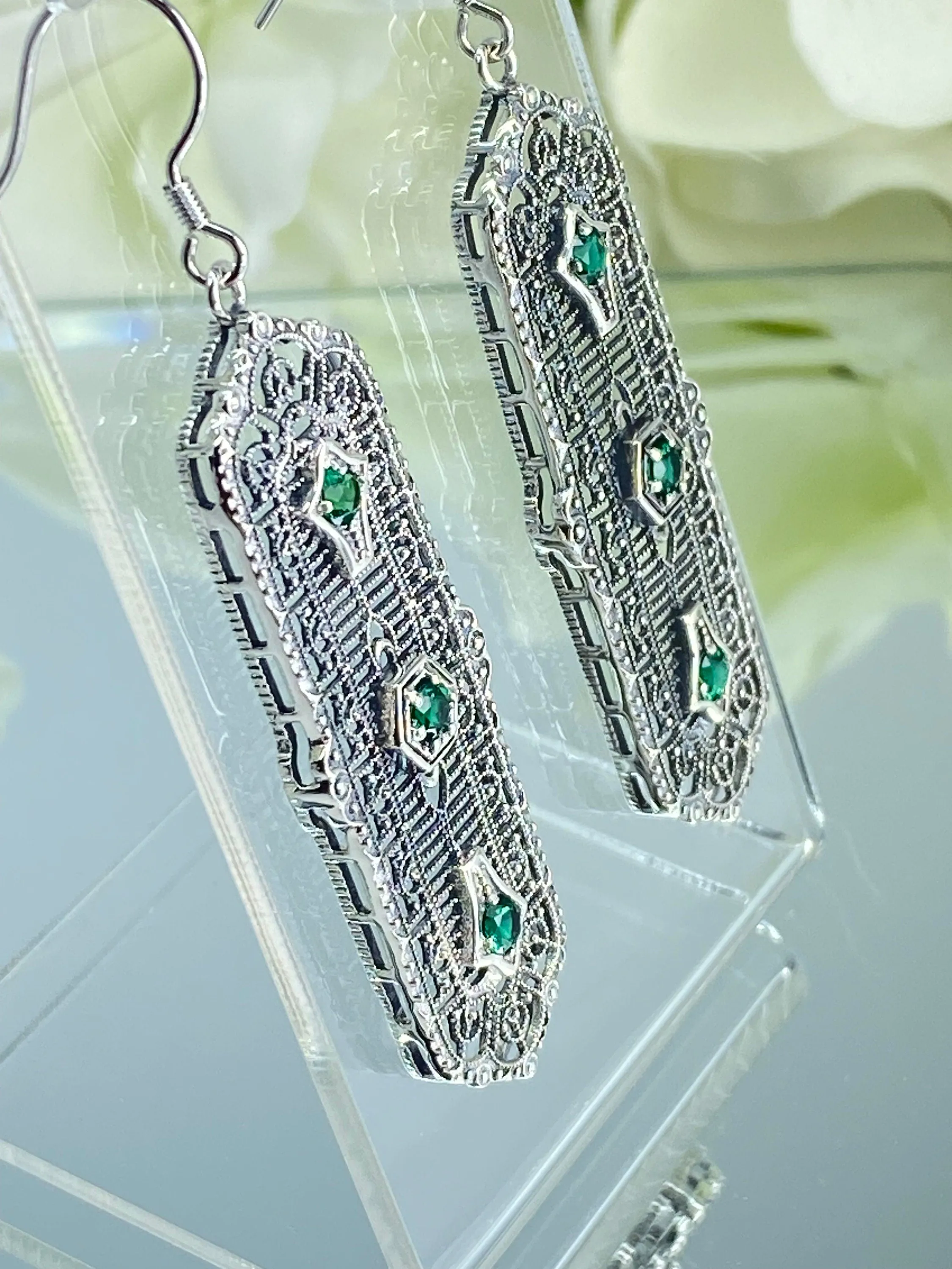 Natural Emerald Earrings, Edwardian Filigree, 3-Kings Earrings E197