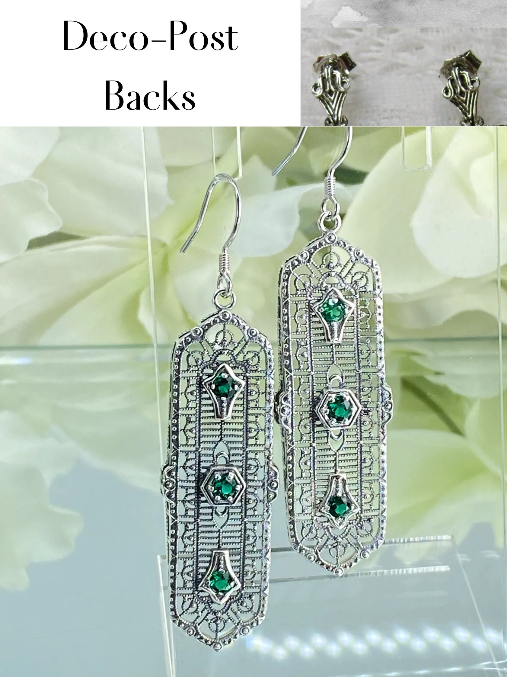 Natural Emerald Earrings, Edwardian Filigree, 3-Kings Earrings E197