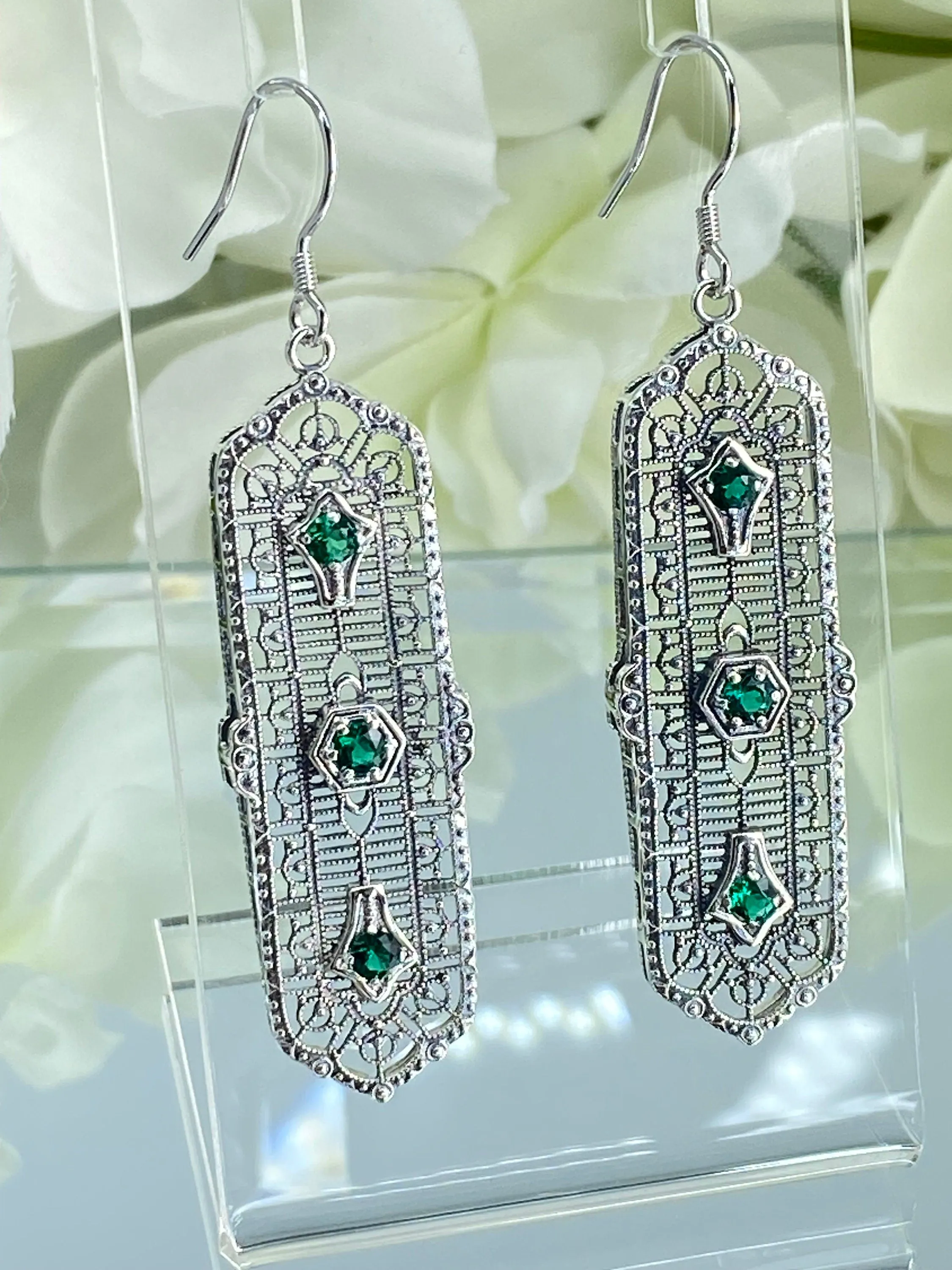 Natural Emerald Earrings, Edwardian Filigree, 3-Kings Earrings E197
