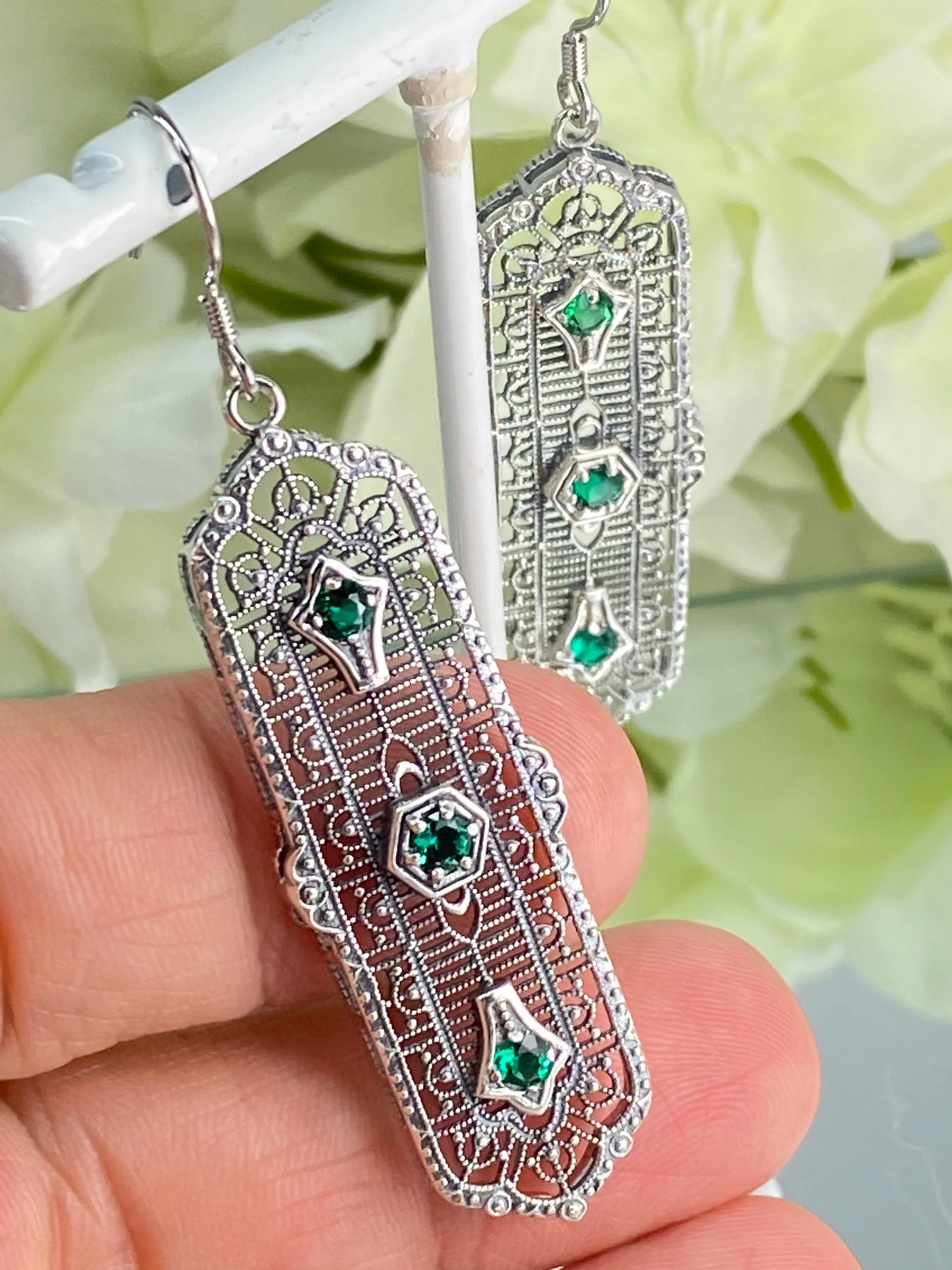 Natural Emerald Earrings, Edwardian Filigree, 3-Kings Earrings E197