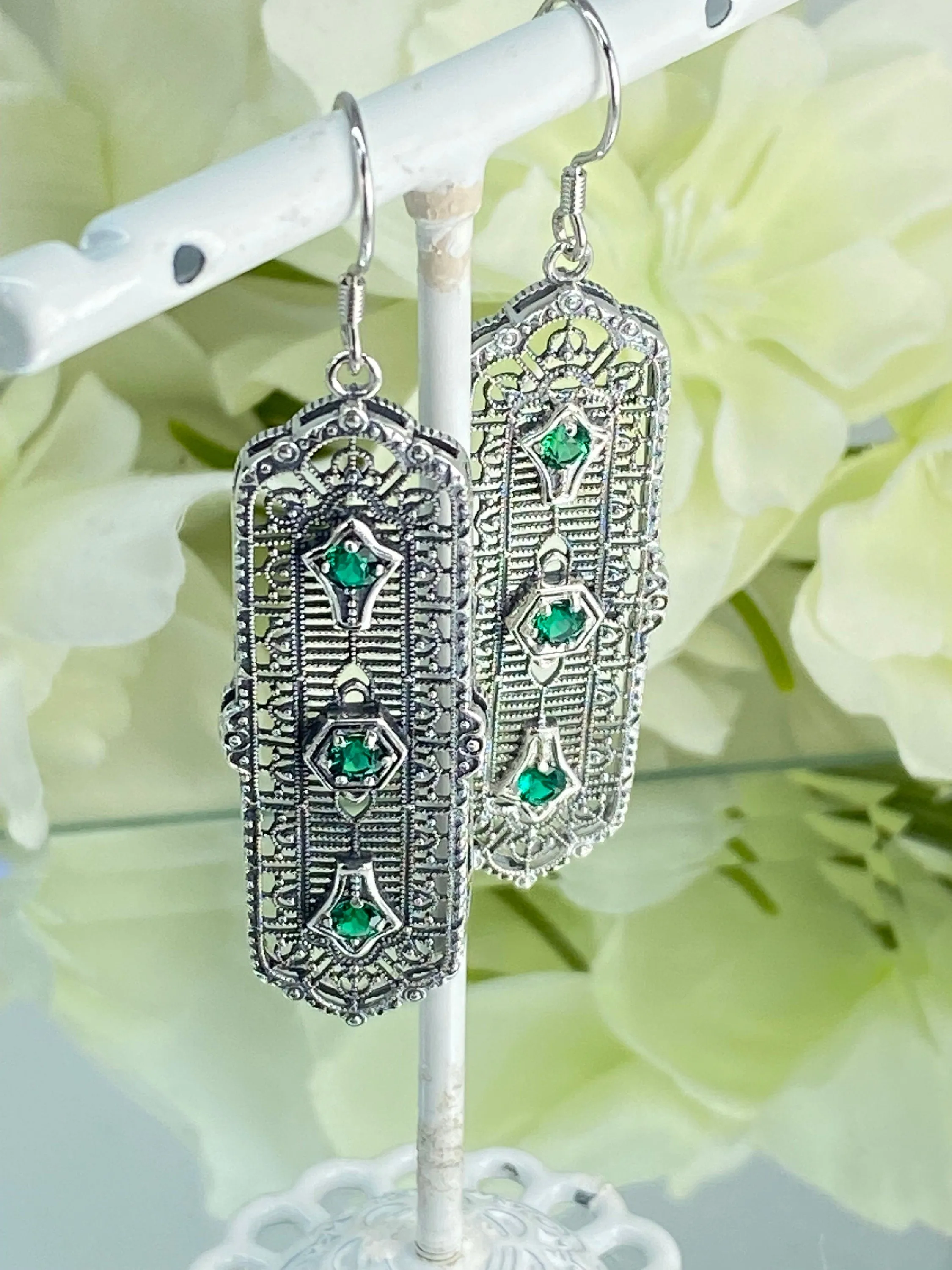 Natural Emerald Earrings, Edwardian Filigree, 3-Kings Earrings E197