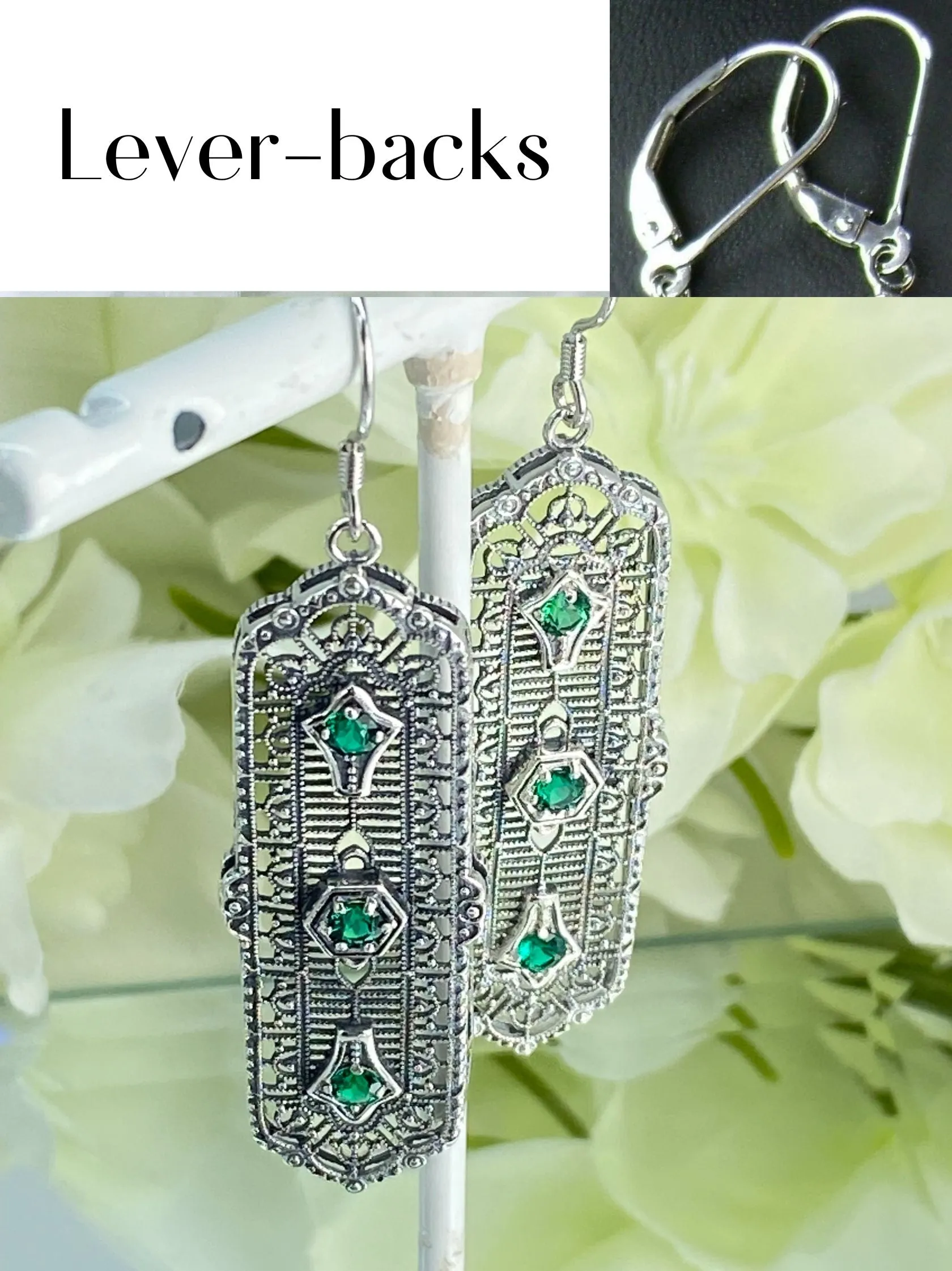 Natural Emerald Earrings, Edwardian Filigree, 3-Kings Earrings E197