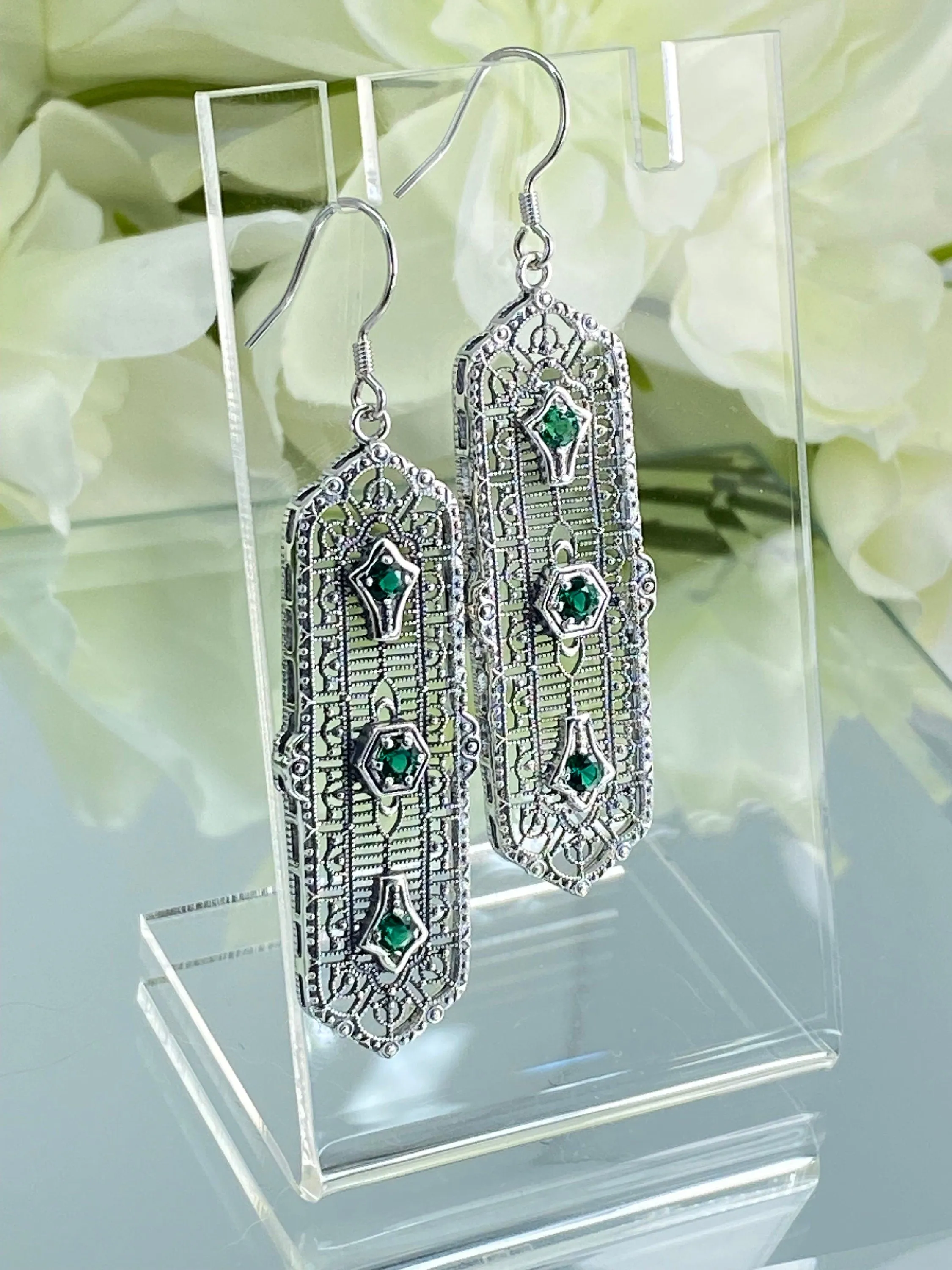 Natural Emerald Earrings, Edwardian Filigree, 3-Kings Earrings E197