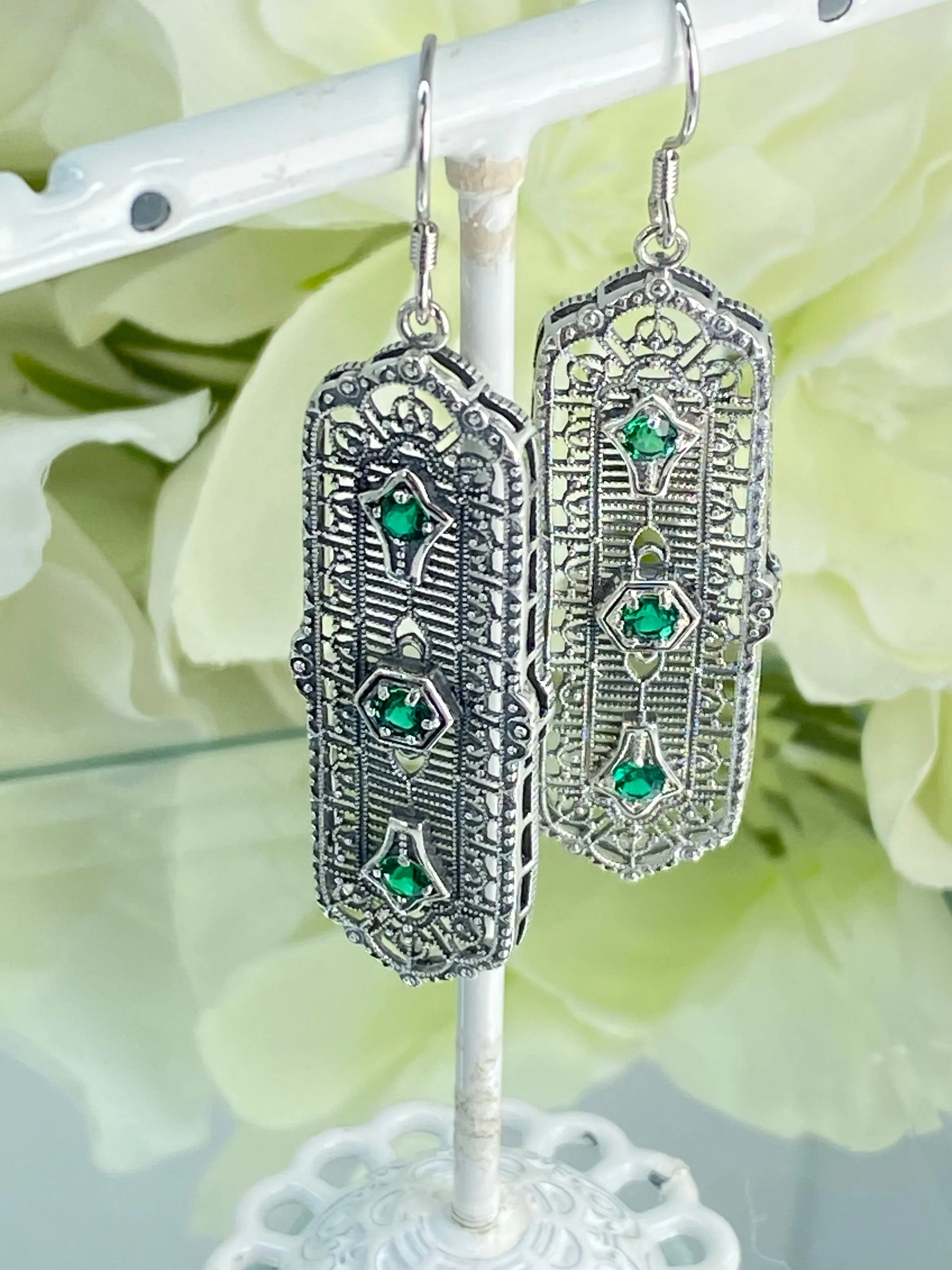 Natural Emerald Earrings, Edwardian Filigree, 3-Kings Earrings E197