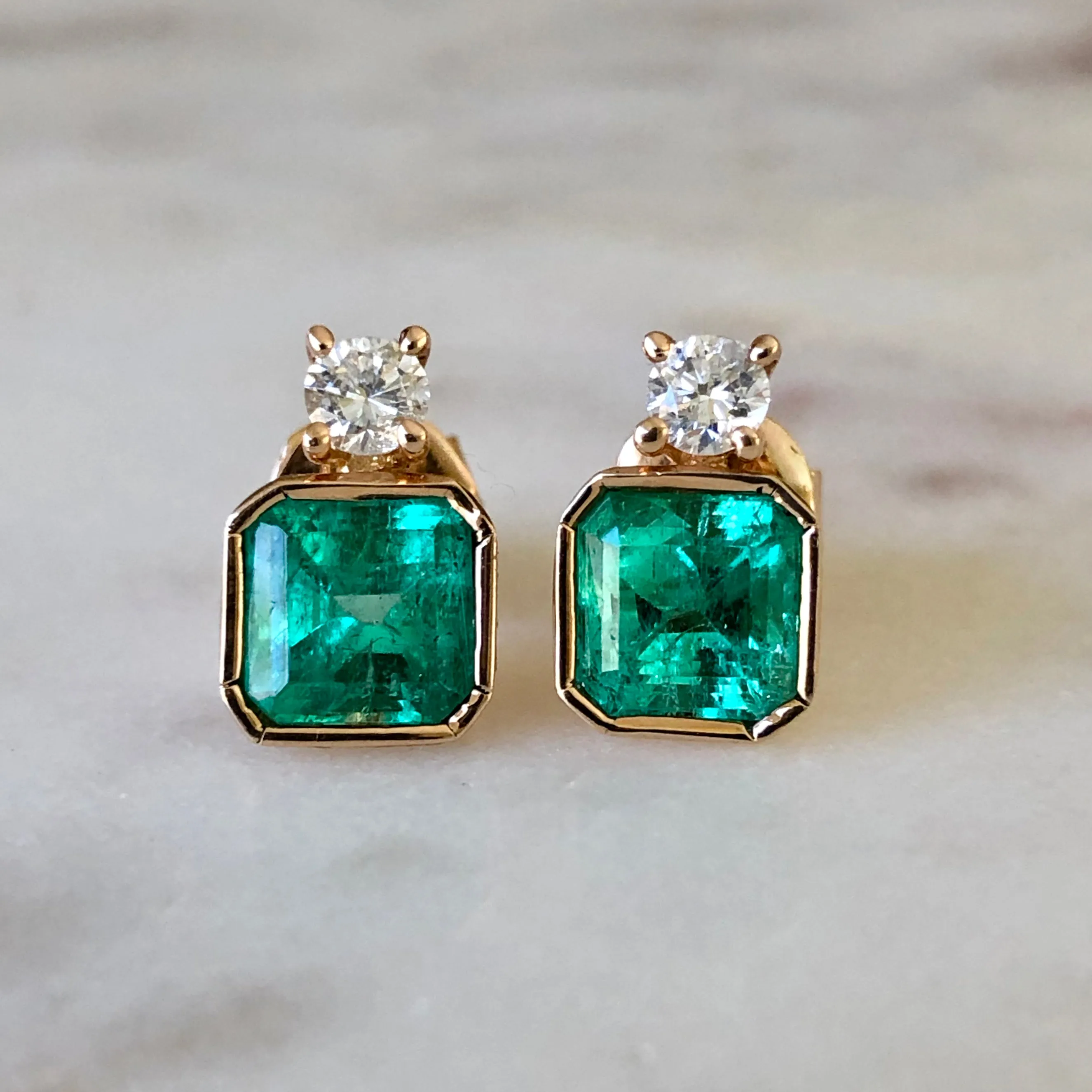 Natural Square Green Colombian Emerald Diamond Stud Earrings 18K