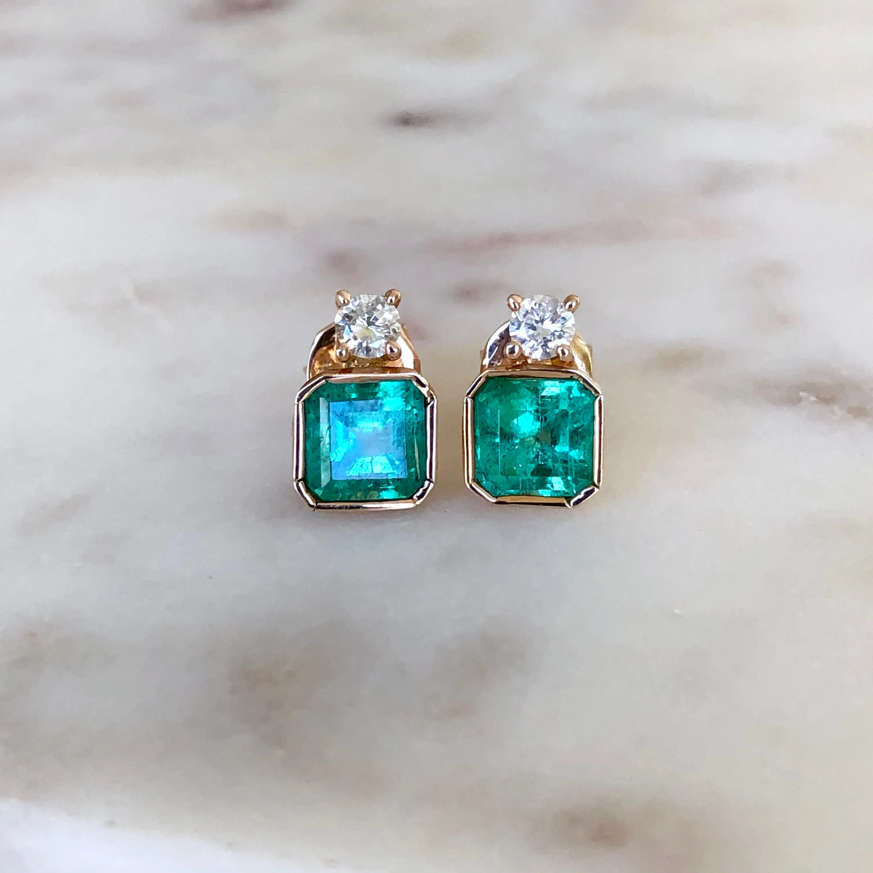 Natural Square Green Colombian Emerald Diamond Stud Earrings 18K