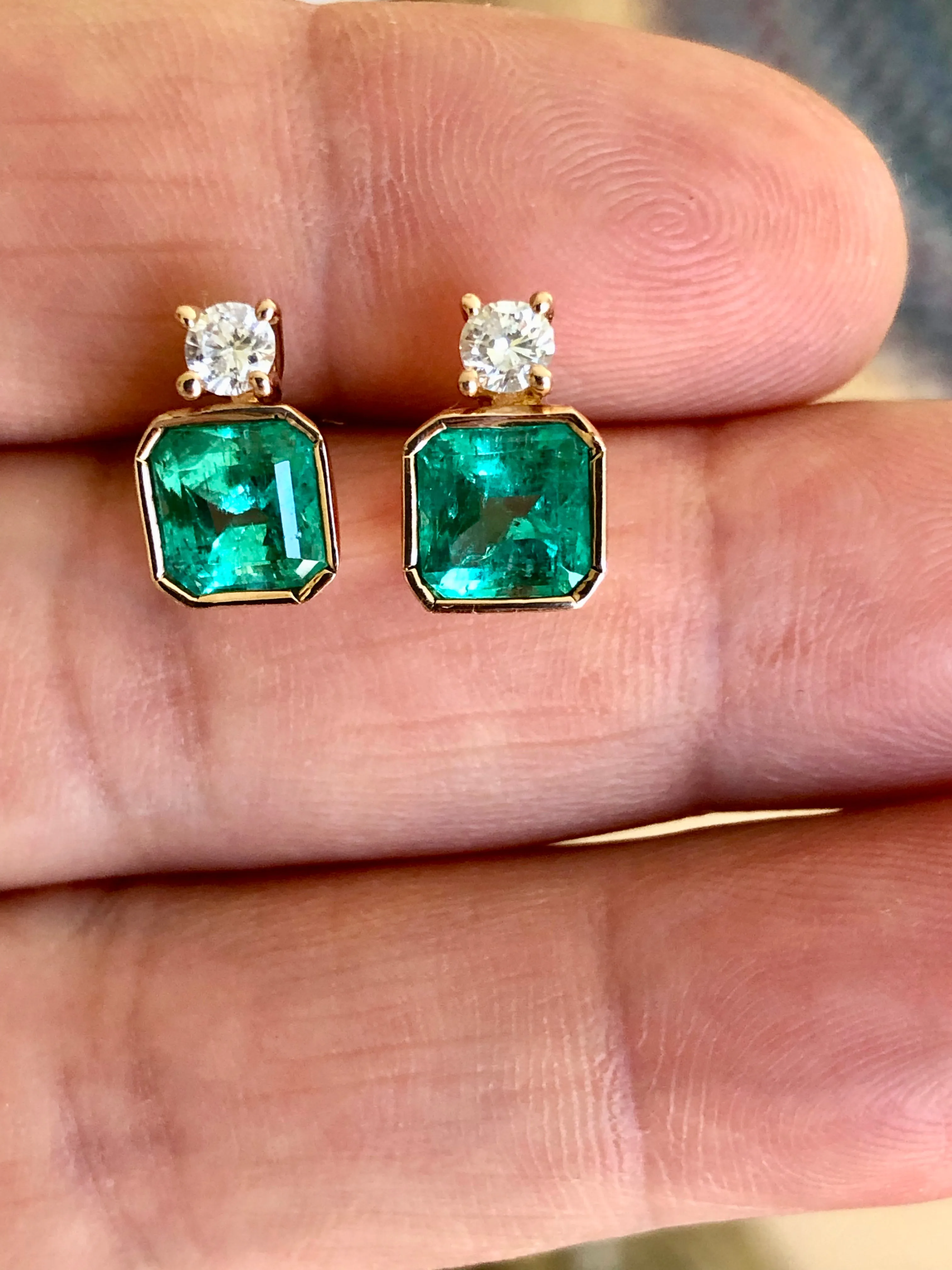 Natural Square Green Colombian Emerald Diamond Stud Earrings 18K