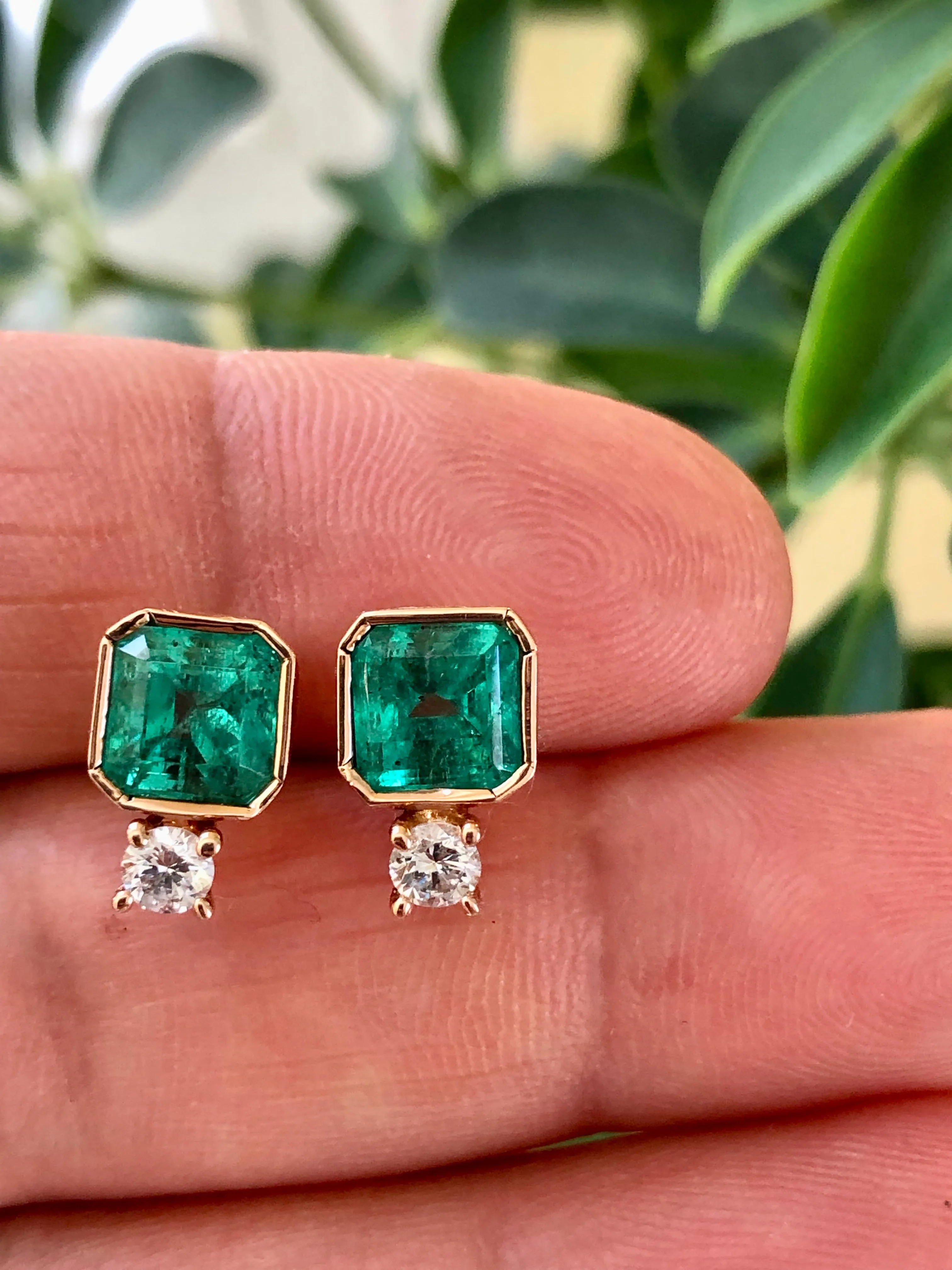 Natural Square Green Colombian Emerald Diamond Stud Earrings 18K