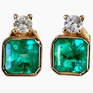 Natural Square Green Colombian Emerald Diamond Stud Earrings 18K