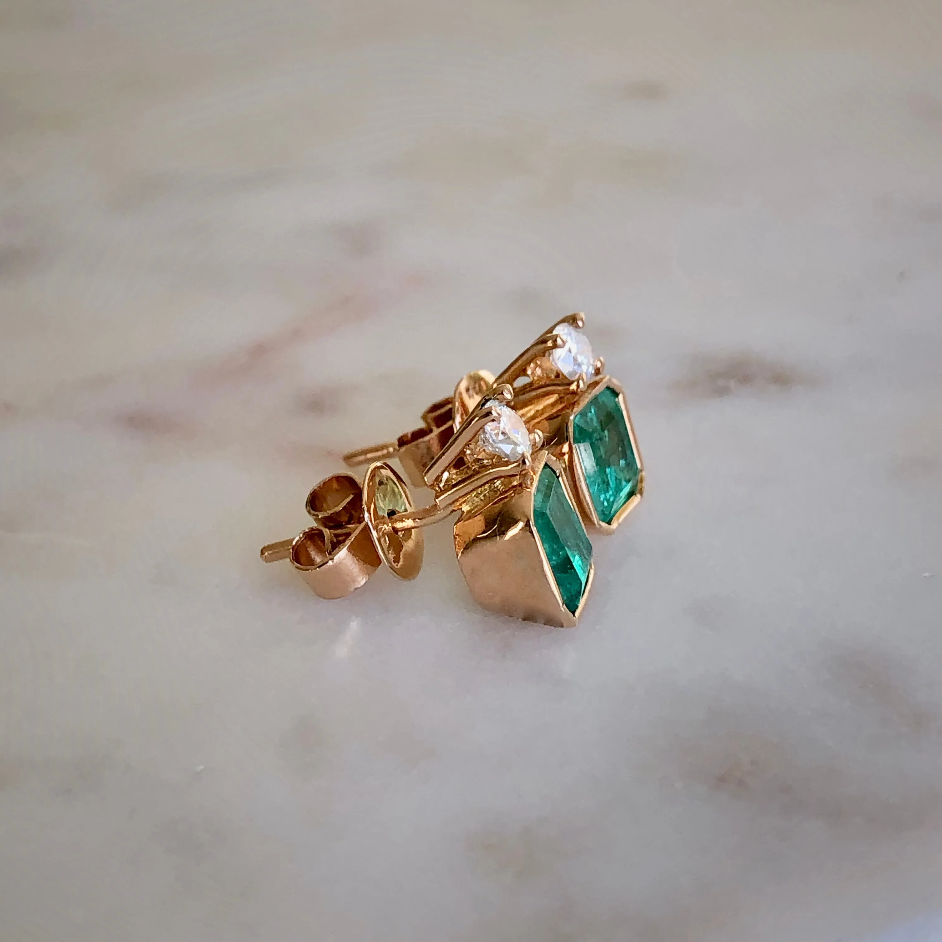 Natural Square Green Colombian Emerald Diamond Stud Earrings 18K