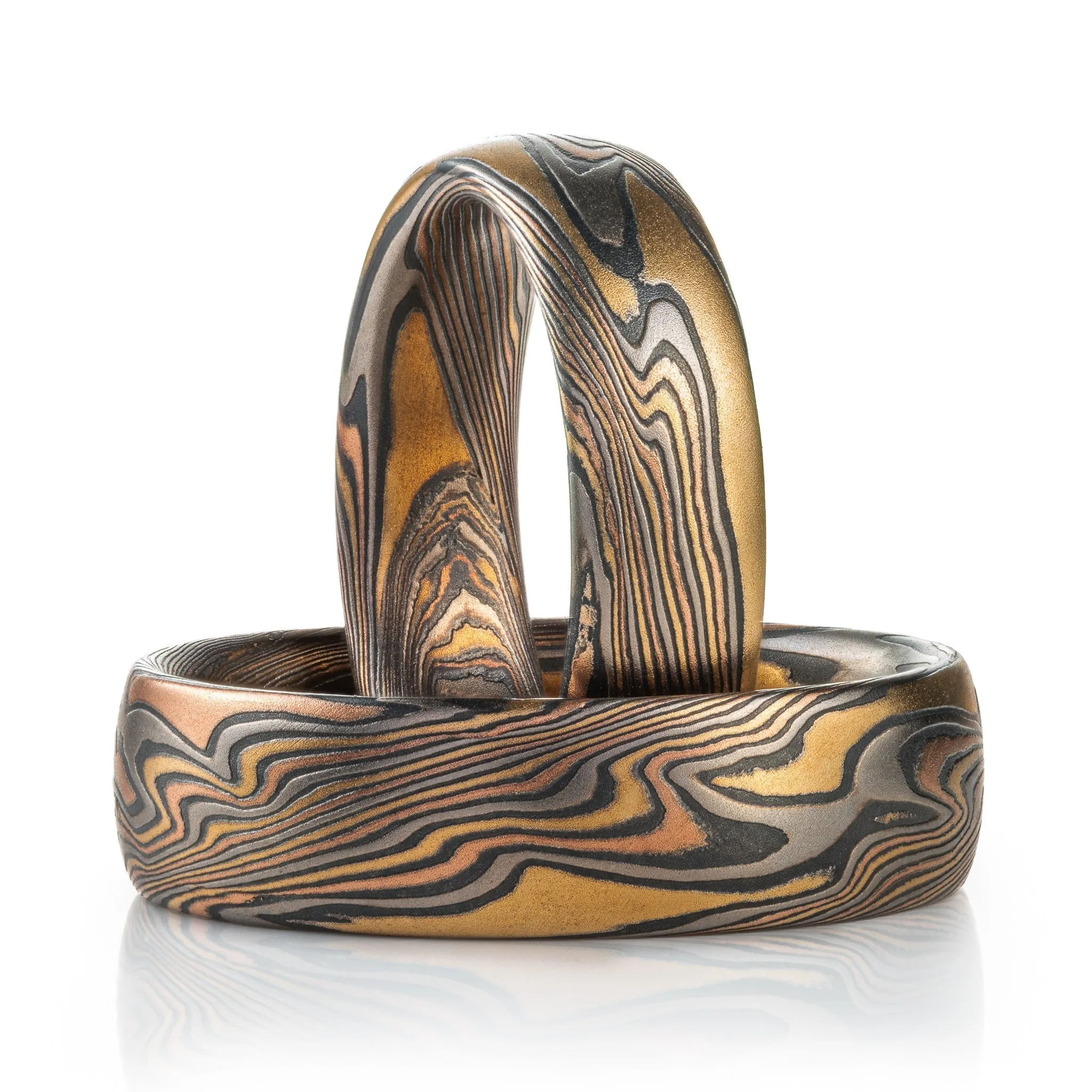 Nature Inpsired Mokume Gane Wedding Band Set or Rings in Twist Pattern and Firestorm Palette with Etched Finish