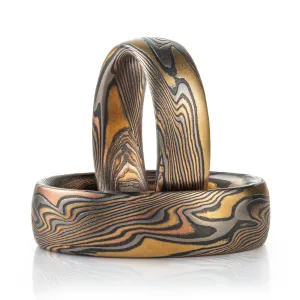 Nature Inpsired Mokume Gane Wedding Band Set or Rings in Twist Pattern and Firestorm Palette with Etched Finish