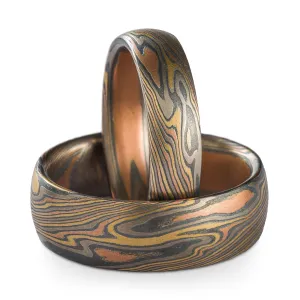 Nature Inspired Mokume Gane Matching Wedding Band Set or Ring Set in Twist Pattern and Firestorm Palette