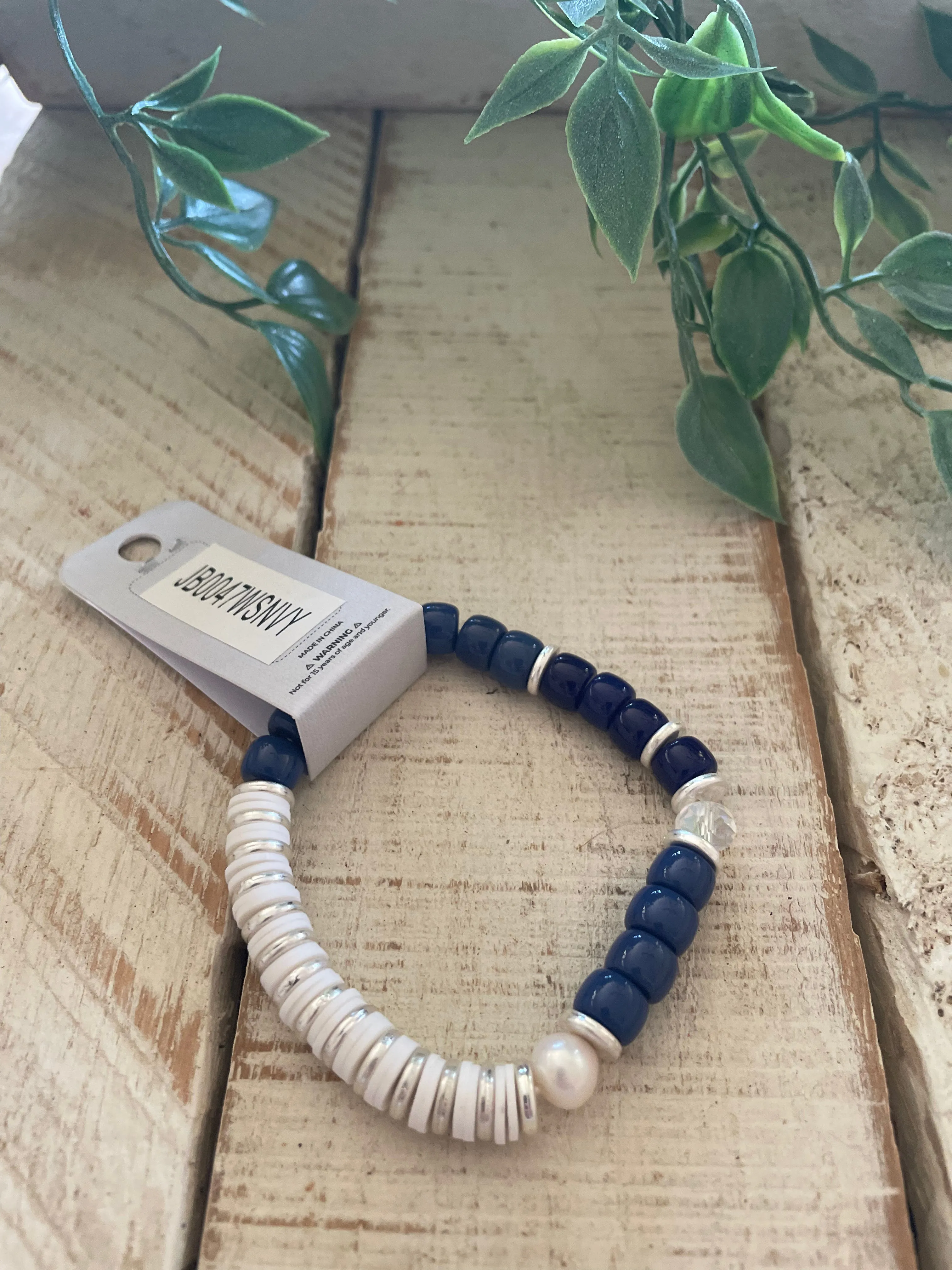 Navy, White and Silver Stretch Bracelet