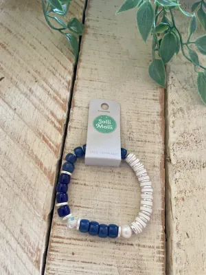Navy, White and Silver Stretch Bracelet