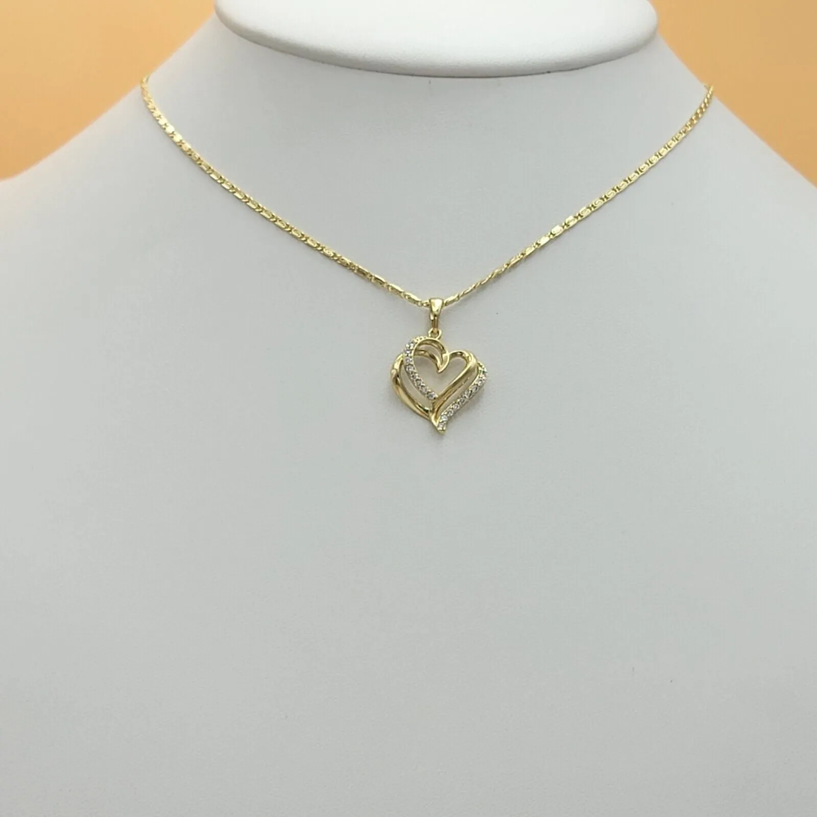 Necklaces - 14K Gold Plated. Crystal Double HEART Pendant & Chain.