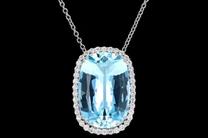 New Platinum 21 Carat Santa Maria Blue Aquamarine & Diamond Halo Pendant Necklace