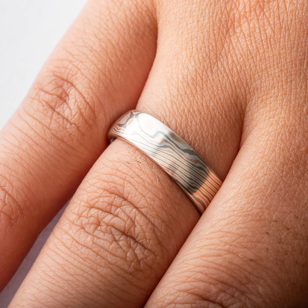 Organic Mokume Gane Wedding Band or Ring in Twist Pattern and Embers Palette