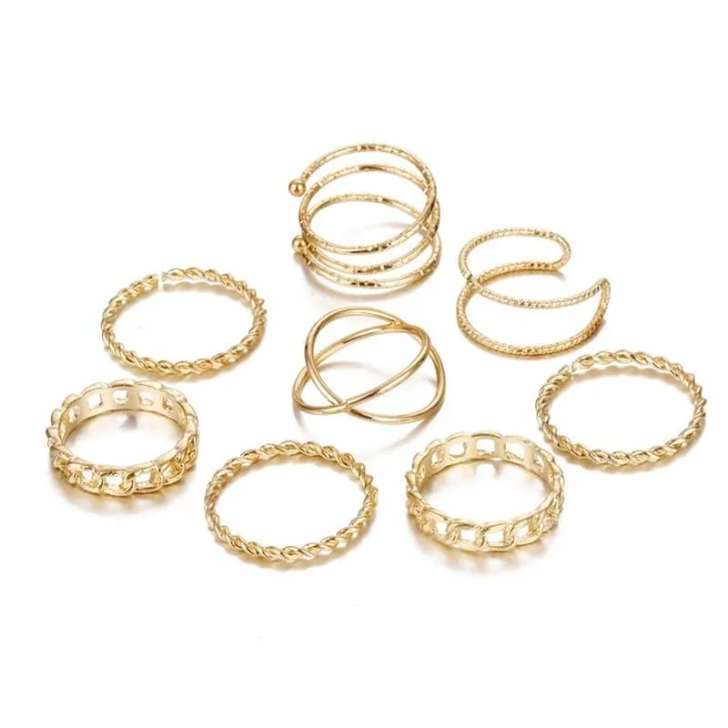 Original Design Gold Color Round Hollow Geometric Rings Set For Women Fashion With Cross Twist Open Ring Design