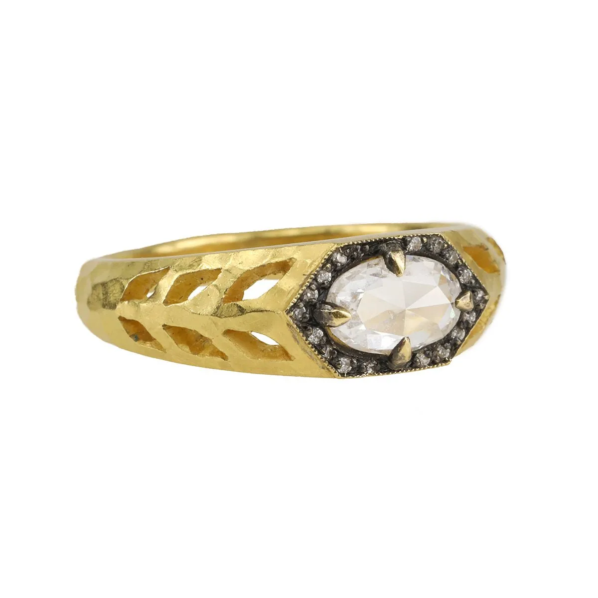 Oval Moghul Diamond & 22K Gold Hammered Cutout "Garland" Ring