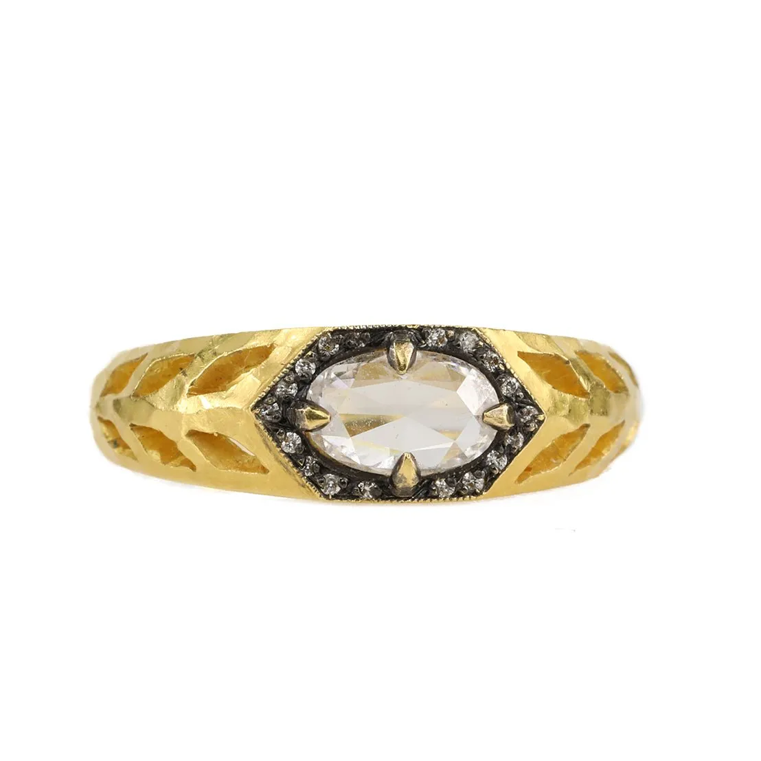 Oval Moghul Diamond & 22K Gold Hammered Cutout "Garland" Ring