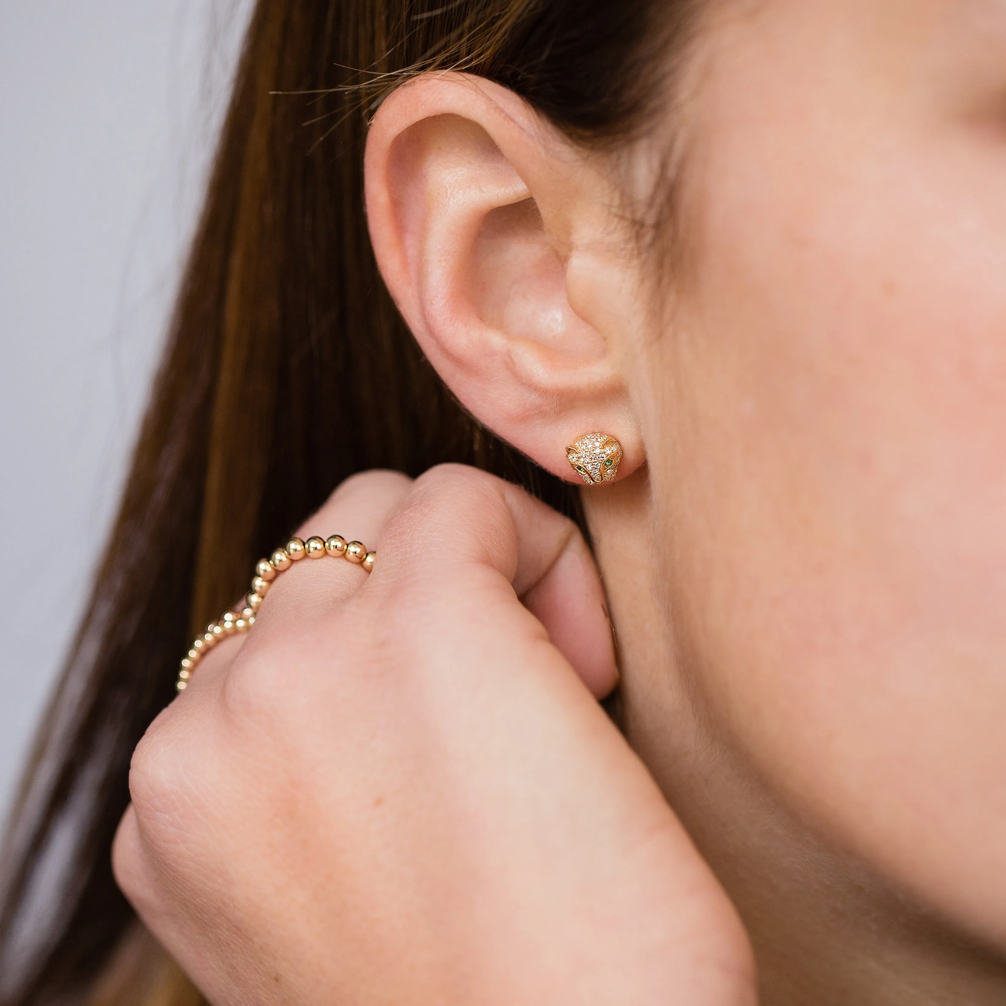 Panther Earring in 14k Gold with Pavé Diamonds and Emerald Eyes
