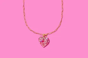 Paperclip Chain Necklace Heart Pendant Pink Confetti