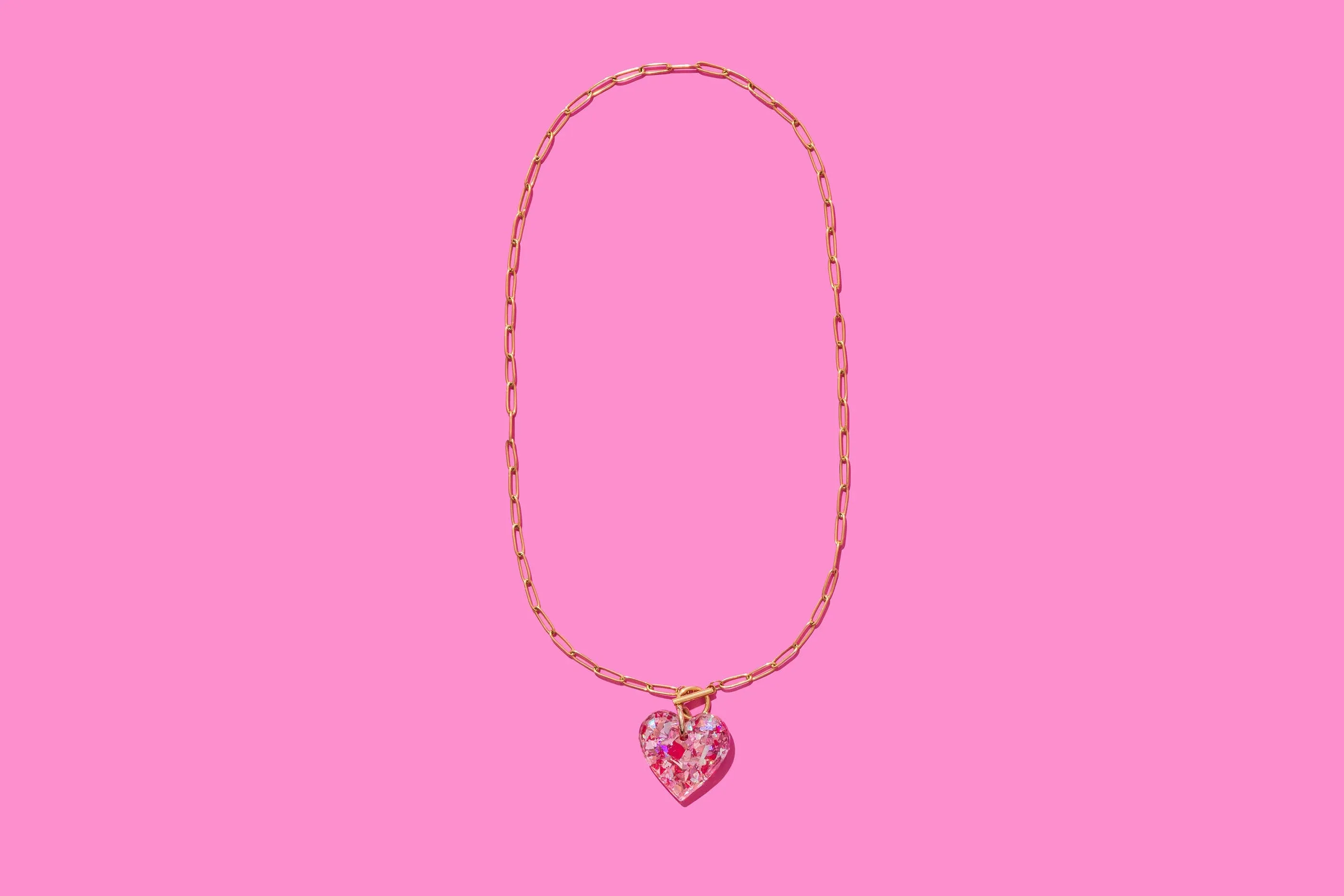 Paperclip Chain Necklace Heart Pendant Pink Confetti