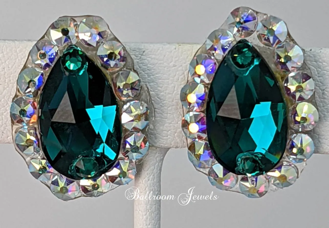 Pear crystal ballroom earrings - emerald green and AB