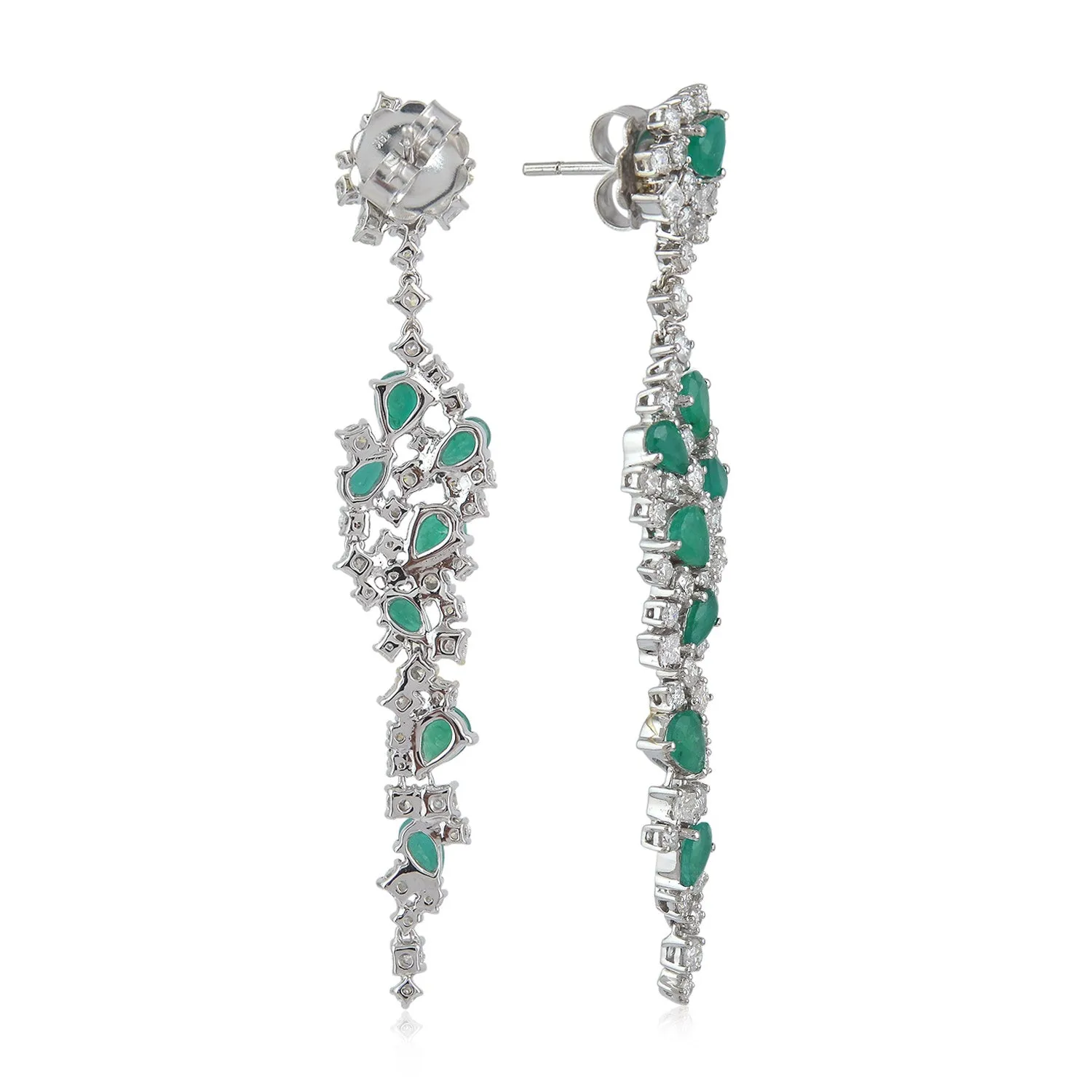 Pear Cut Emerald Rose Cut Diamond Handmade Cluster Earrings In 18K White Gold