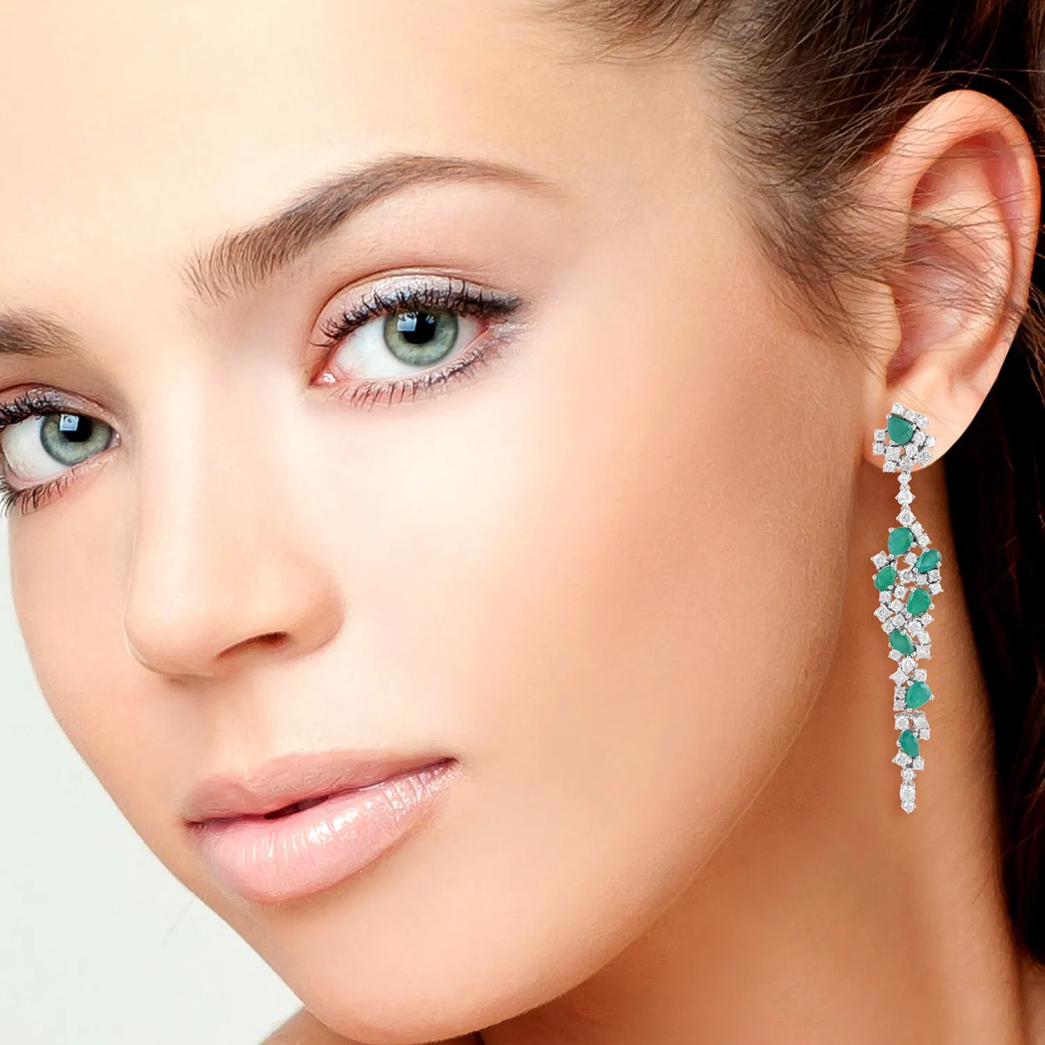 Pear Cut Emerald Rose Cut Diamond Handmade Cluster Earrings In 18K White Gold