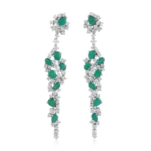 Pear Cut Emerald Rose Cut Diamond Handmade Cluster Earrings In 18K White Gold