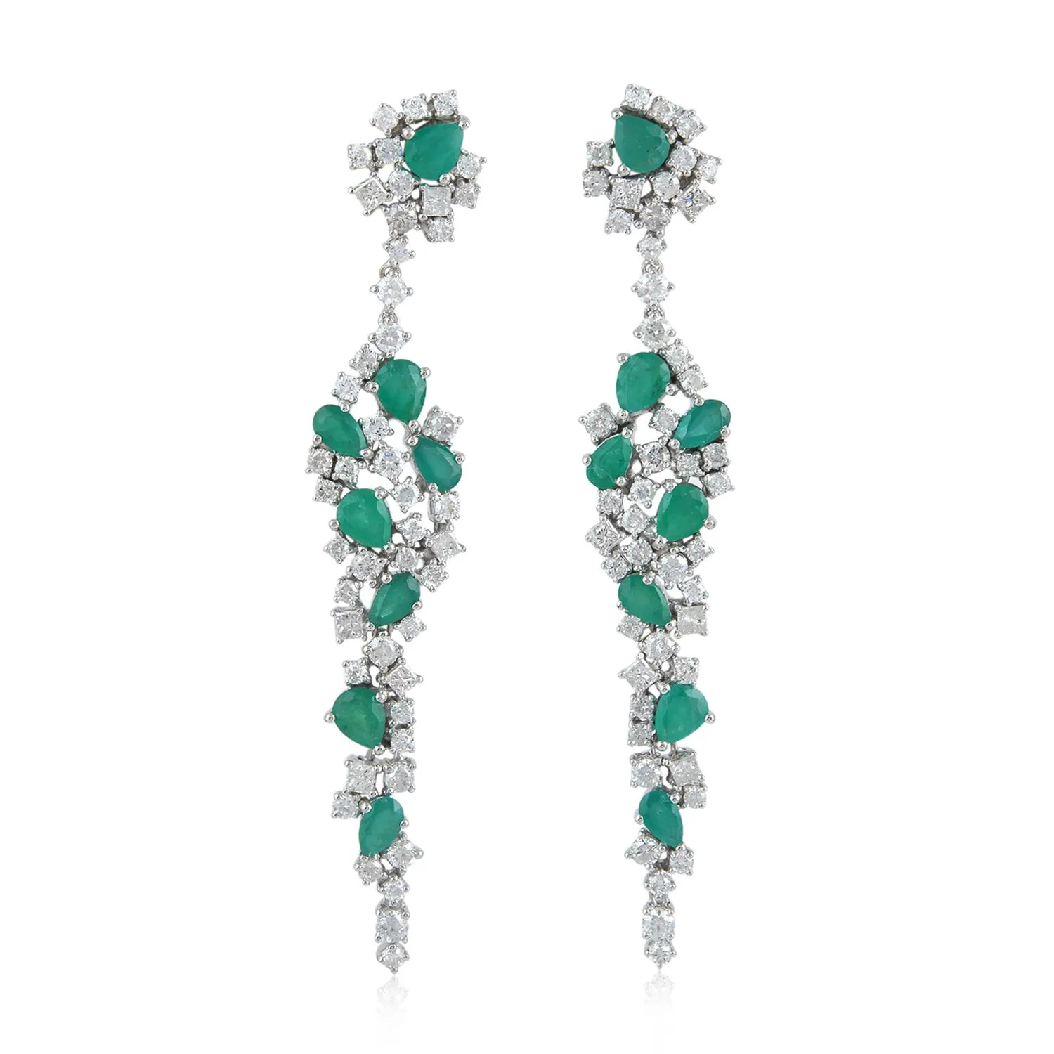 Pear Cut Emerald Rose Cut Diamond Handmade Cluster Earrings In 18K White Gold