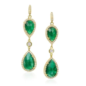 Pear Shape Emerrald 2 Gemma/Baguette 18K Yellow Gold Earrings