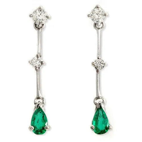Pear Shaped Emerald Diamond Accent Drop Earrings In 18k White Gold