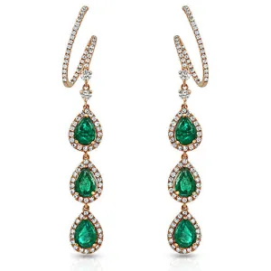 Pear Shaped Emerald Gemstone Earrings with Round Cut Diamonds on a 18k Rose Gold