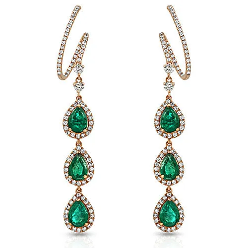 Pear Shaped Emerald Gemstone Earrings with Round Cut Diamonds on a 18k Rose Gold