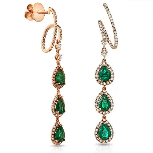 Pear Shaped Emerald Gemstone Earrings with Round Cut Diamonds on a 18k Rose Gold