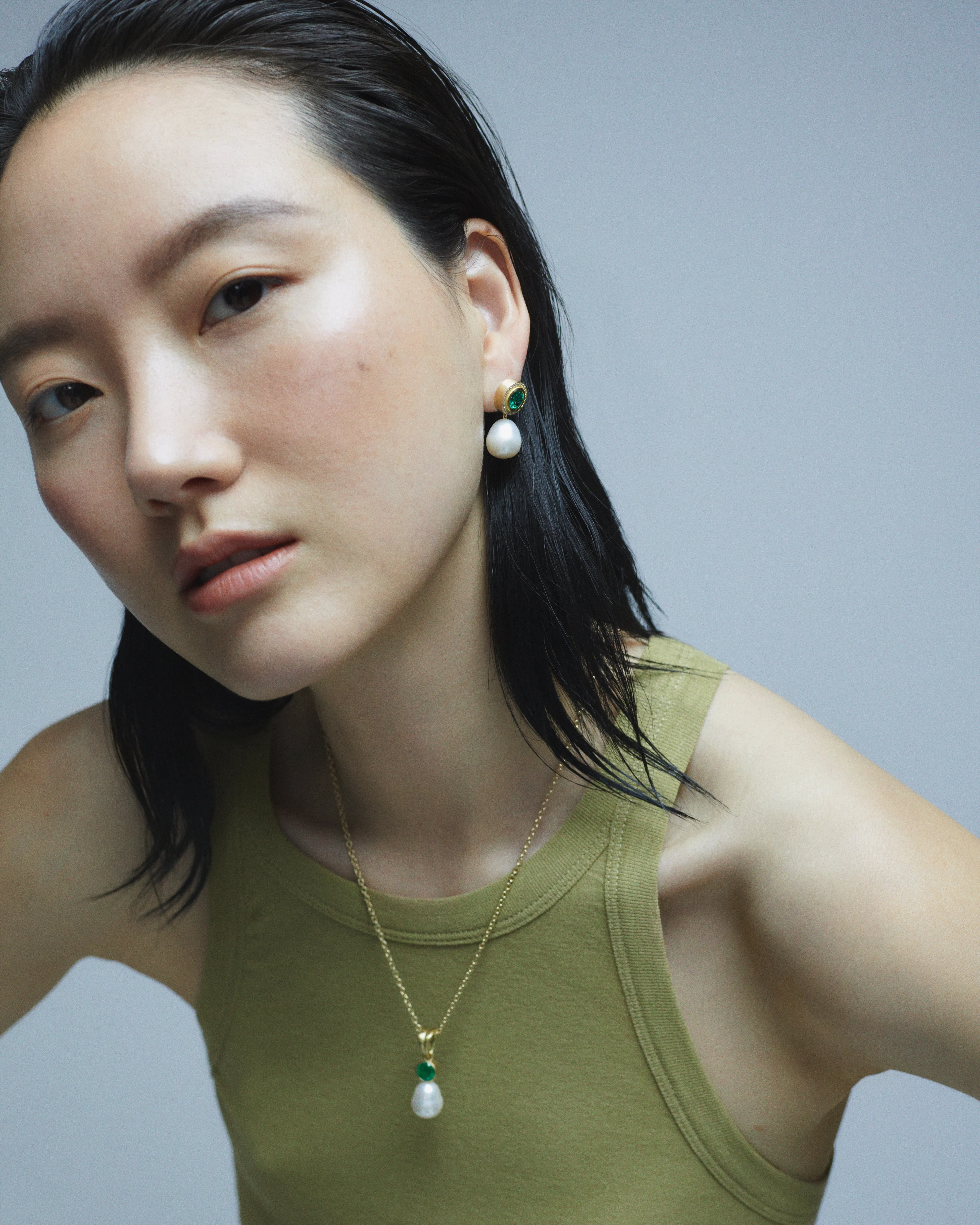 Pearl Drop Earrings with Emerald and Diamond Studs