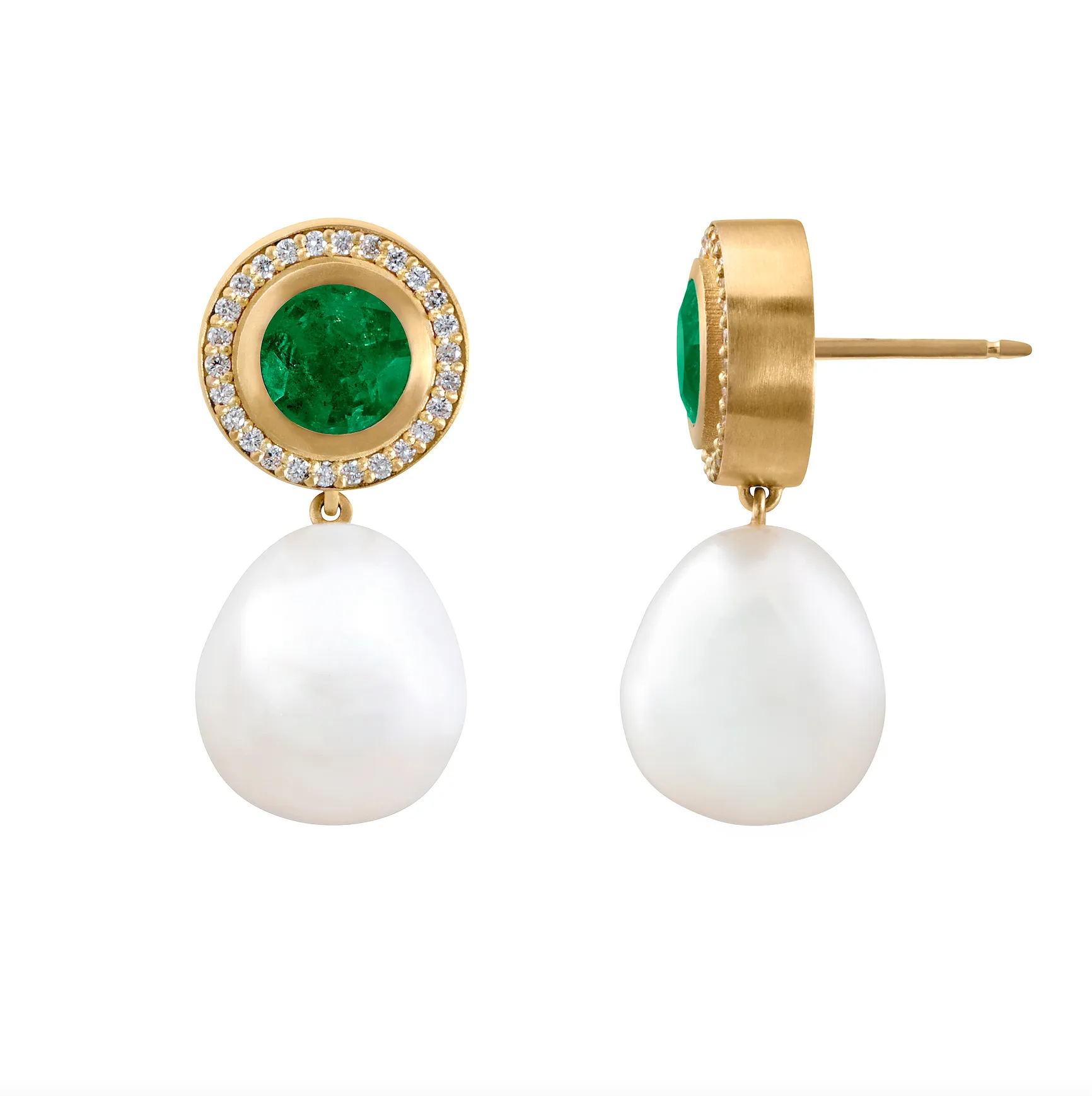 Pearl Drop Earrings with Emerald and Diamond Studs
