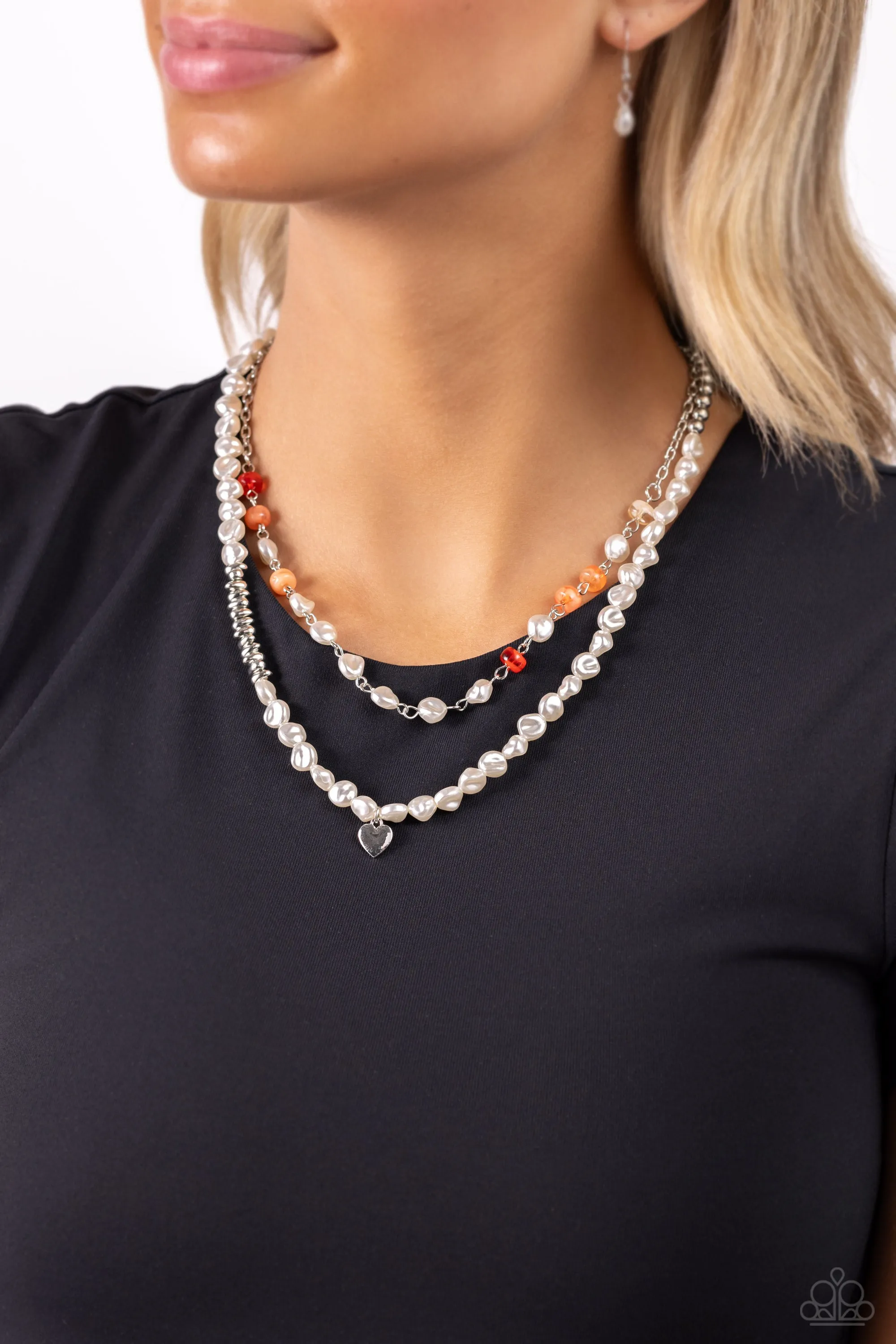 Pearl Pact - Orange (Cat's Eye Disc) Silver Heart Necklace
