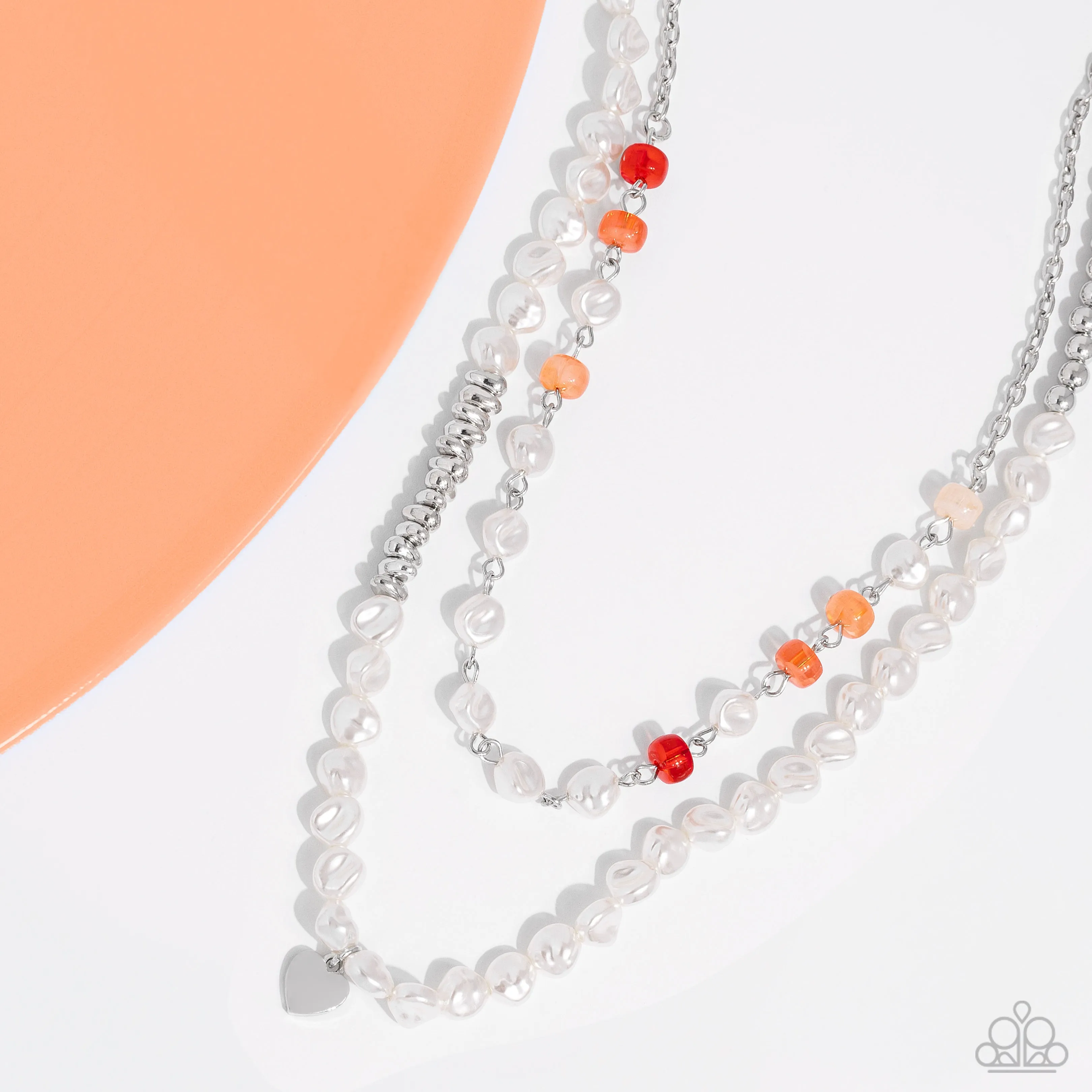 Pearl Pact - Orange (Cat's Eye Disc) Silver Heart Necklace