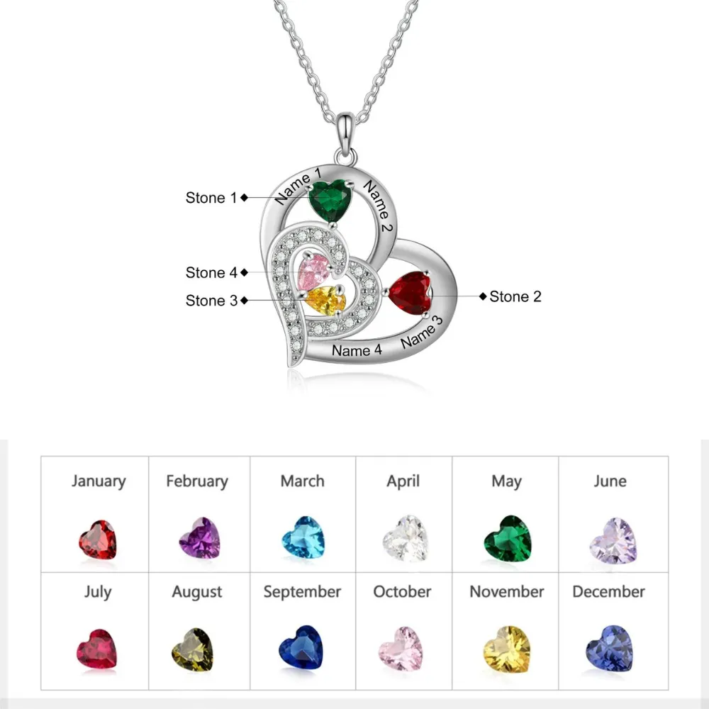 Personalized 4 Names And Birthstones Engraved Heart-Shaped Pendant