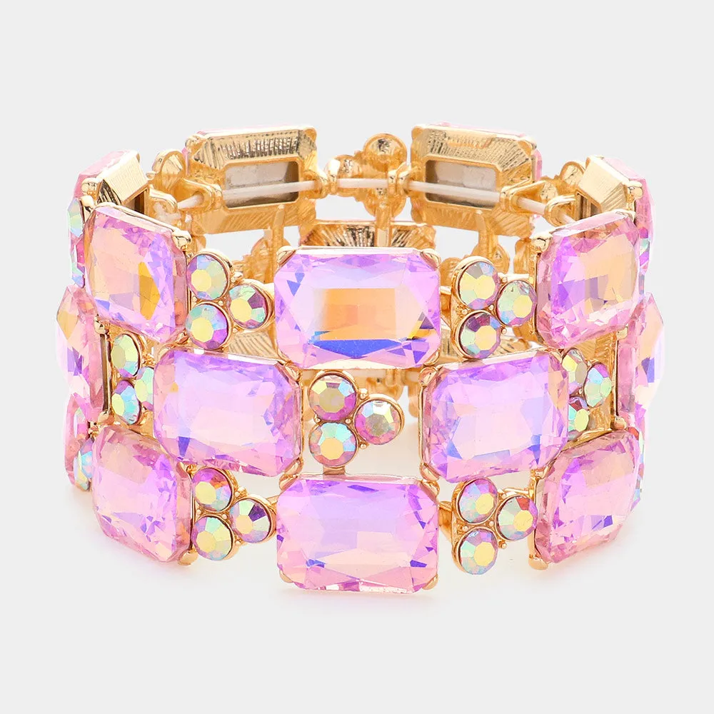 Pink Emerald Cut Stone Accented Pageant Stretch Bracelet  | Crystal Bracelet | 581623