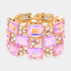 Pink Emerald Cut Stone Accented Pageant Stretch Bracelet  | Crystal Bracelet | 581623
